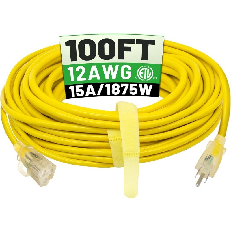 100 ft 12/3 Outdoor Extension Cord Waterproof Heavy Duty with Lighted Indicator