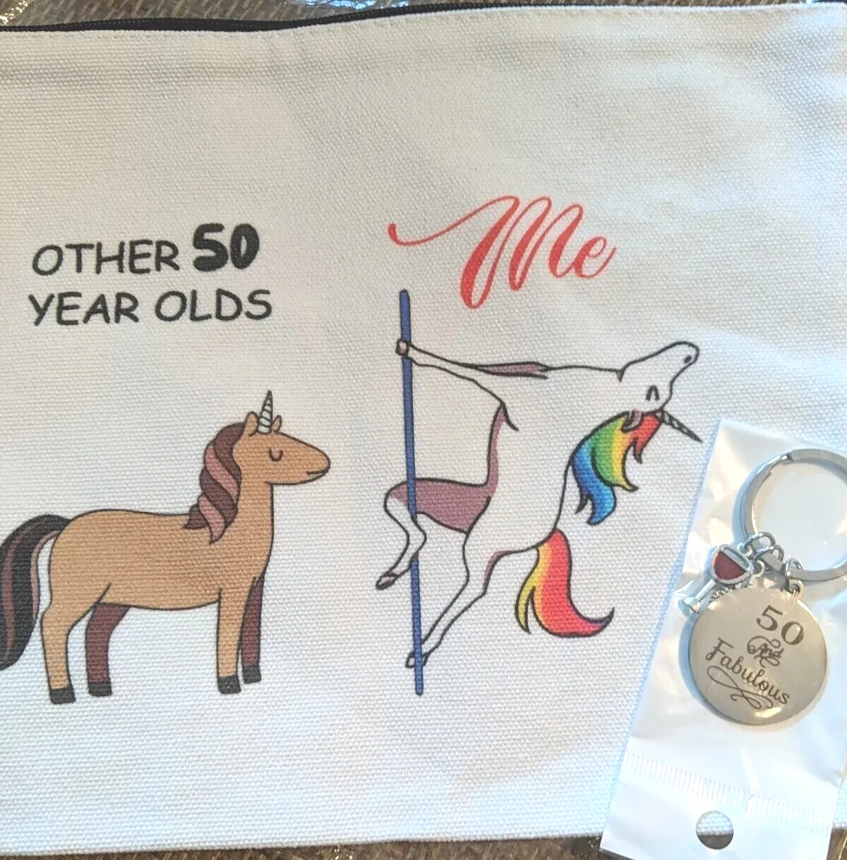 50th Birthday Makeup Bag & Key chain Set UNICORN (Rainbow) Fabulous gift