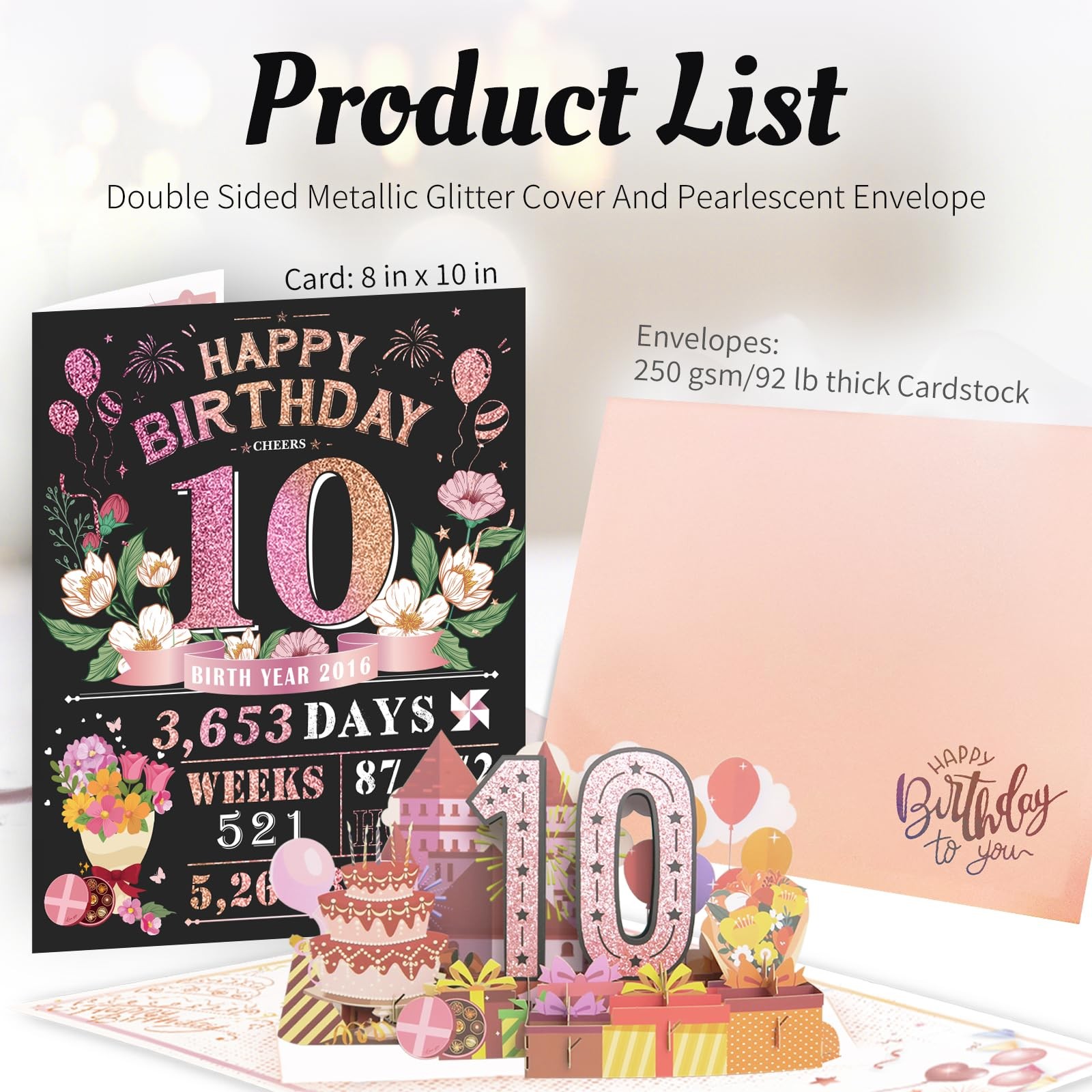 10th Birthday Card for Women Her, Large 3D Pop Up 10th, Pink