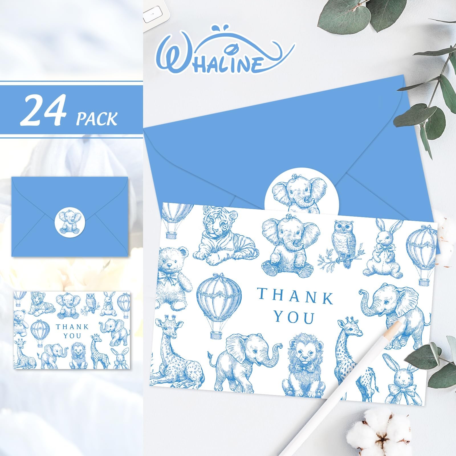 Whaline 24 Pack Baby Shower Thank You Card Cute Blue White 4 x 6 inch,