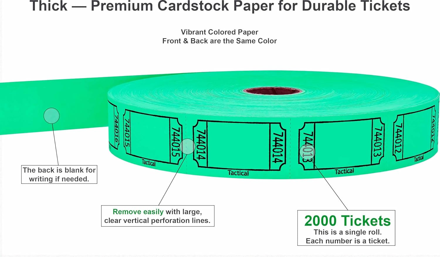 2000 Raffle Tickets, Blank, Green (1 of 8 Colors), Single Roll, Ticket for Event