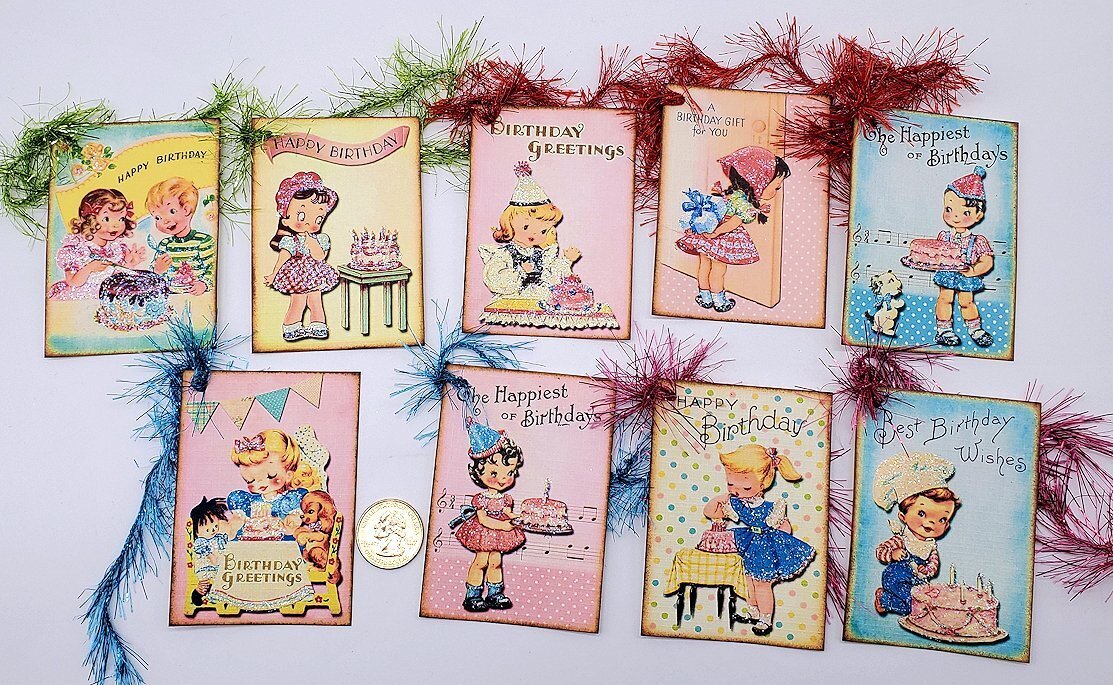 9~Birthday~Handmade~Retro~Glitter~Linen Cardstock~Gift Tags~~Crafts~Parties