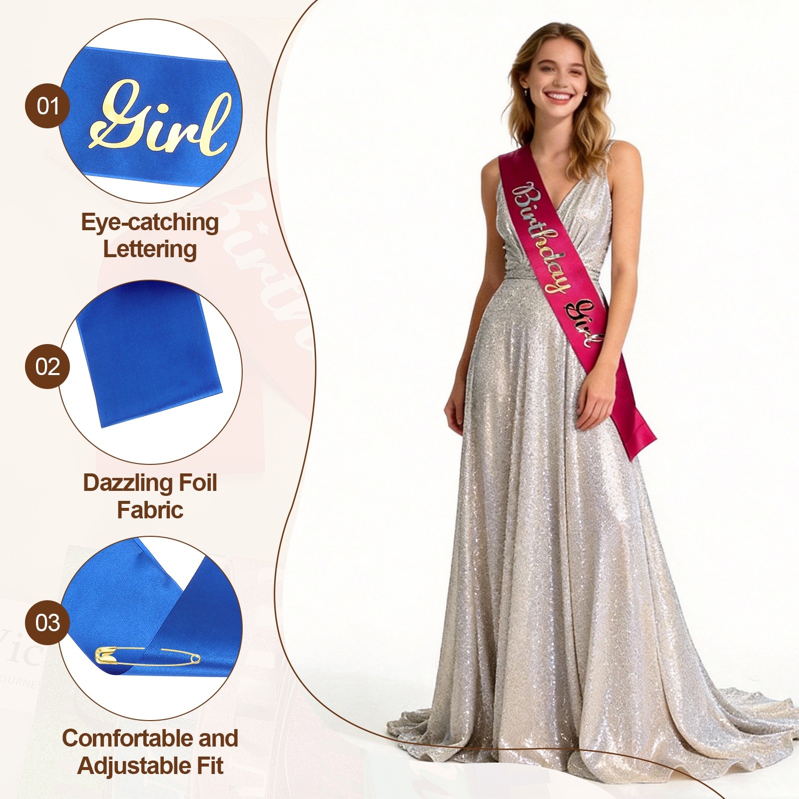 Birthday Girls Sash with Pin Gold Sparkle Lettering for Birthday Party, Blue
