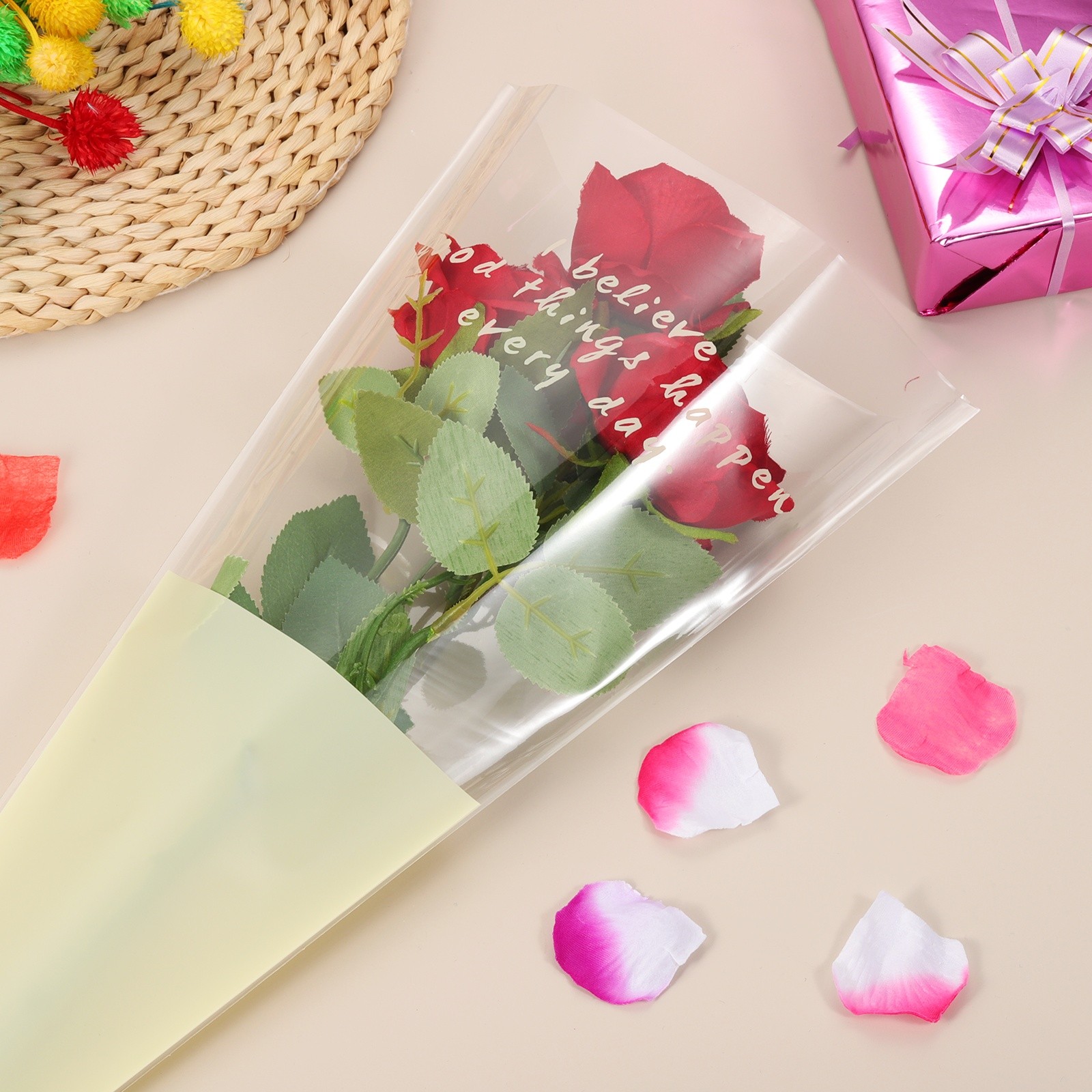 300Pcs Plastic Rose Floral Bouquet Bags 1.3ft Flower Sleeves Bags Cream Yellow