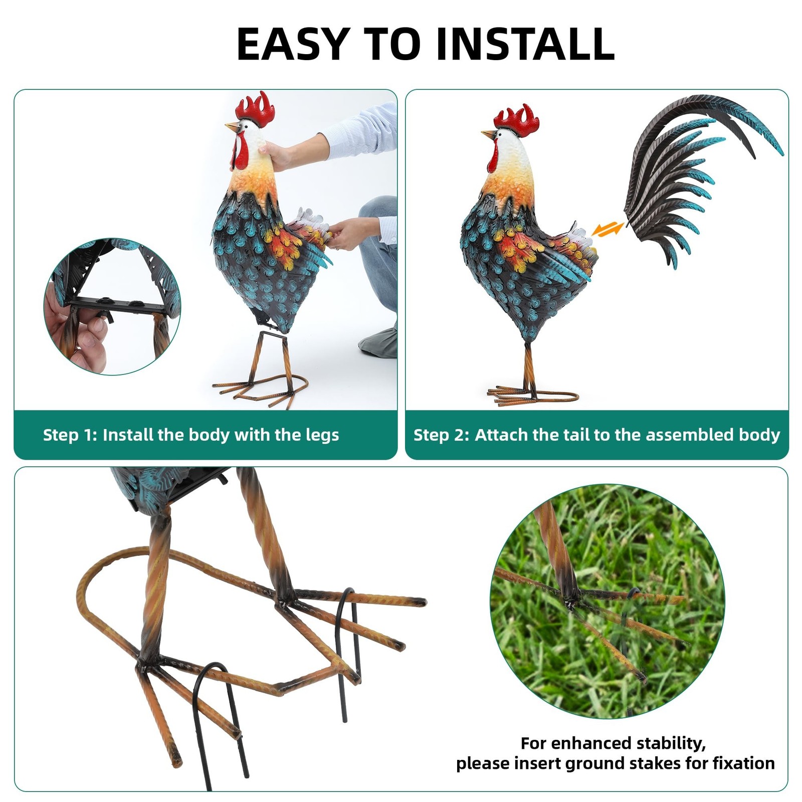 32″ Metal Rooster Decor, Outdoor Garden Statues, Metal Chicken Sculpture for …