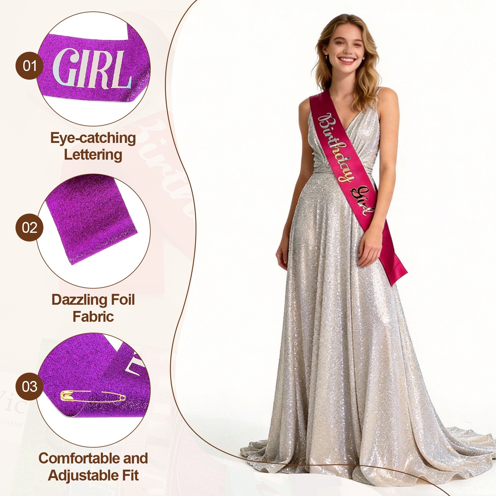 Birthday Girls Sash with Pin Iridescent Sparkle Lettering for Party, Purple