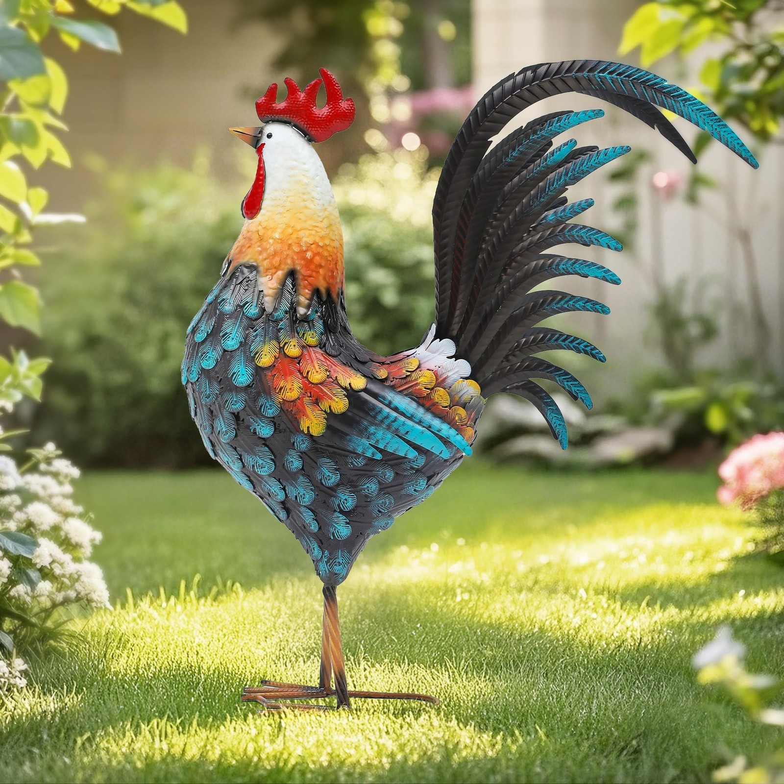 32″ Metal Rooster Decor, Outdoor Garden Statues, Metal Chicken Sculpture for …