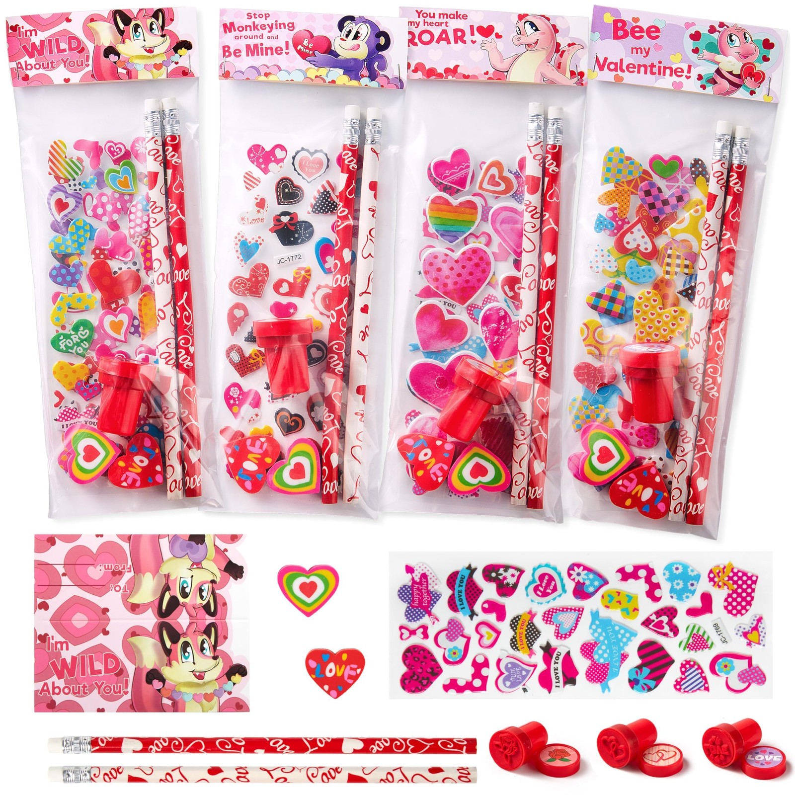 JOYIN 28 Packs/225pcs Valentines Day Stationery Kids Gift Medium, Multicolor