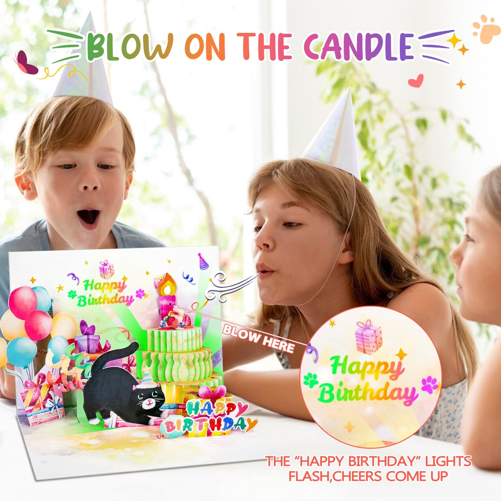 FITMITE Birthday Cards, Cute Cat MUSIC & LIGHTS 7.8 inches x 5.9 inches, pink