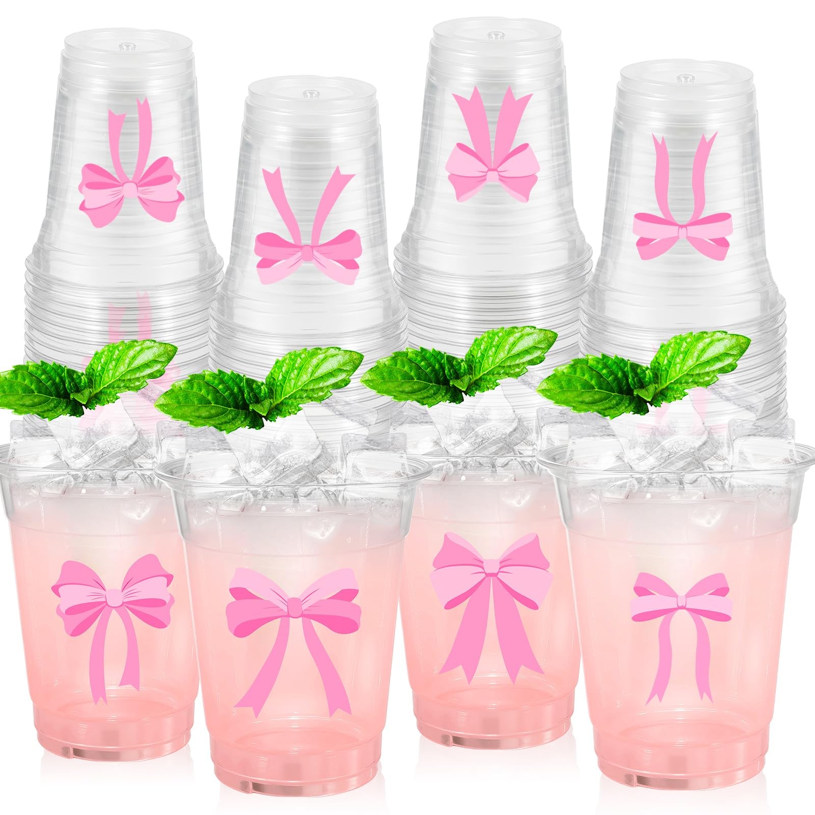 ABURRORI 50 Pcs 12OZ Pink Bow Plastic Cups, Disposable standard,