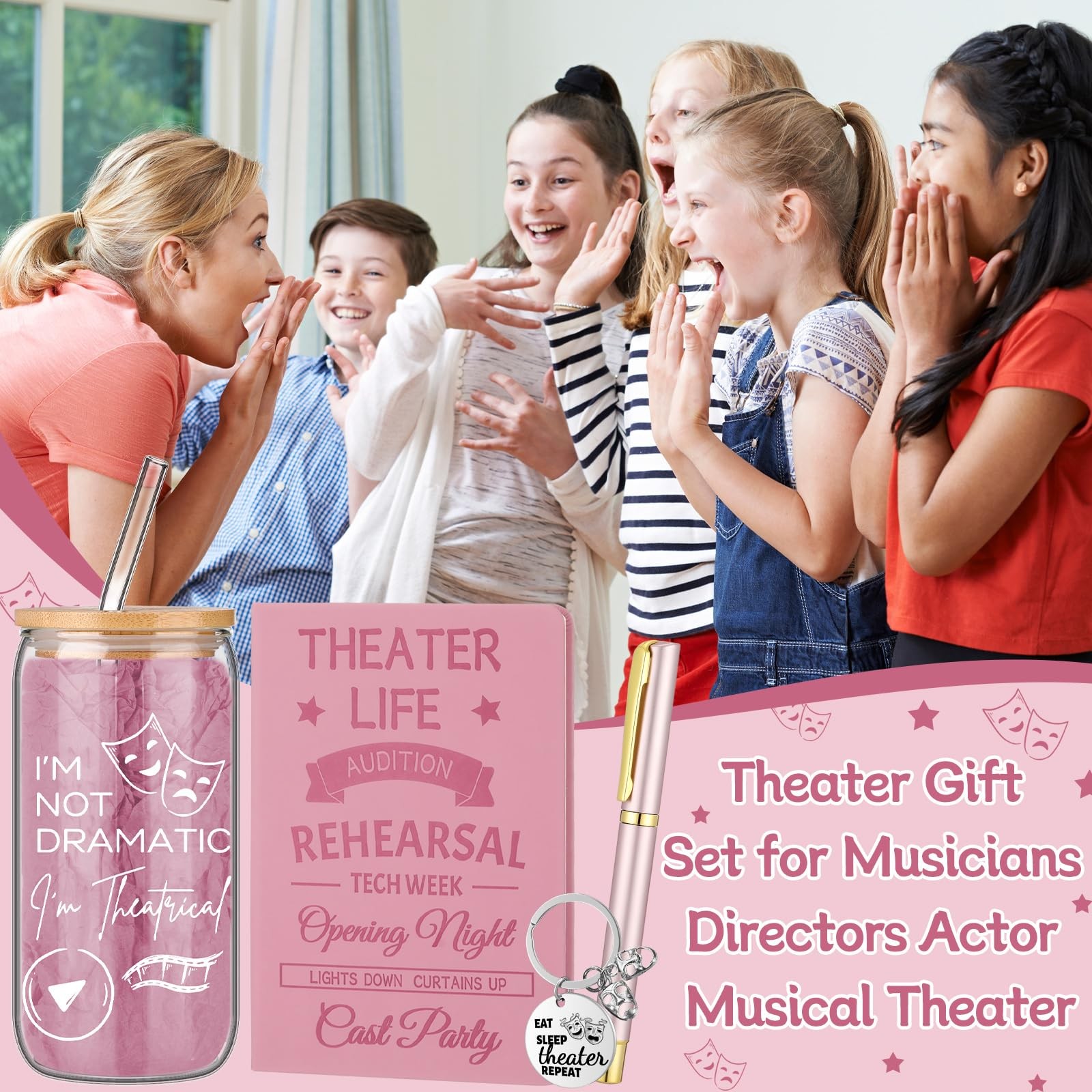 4 Pcs Theatre Gifts for Women Teens Theater Life 16oz Glass Cup Leather Notebook