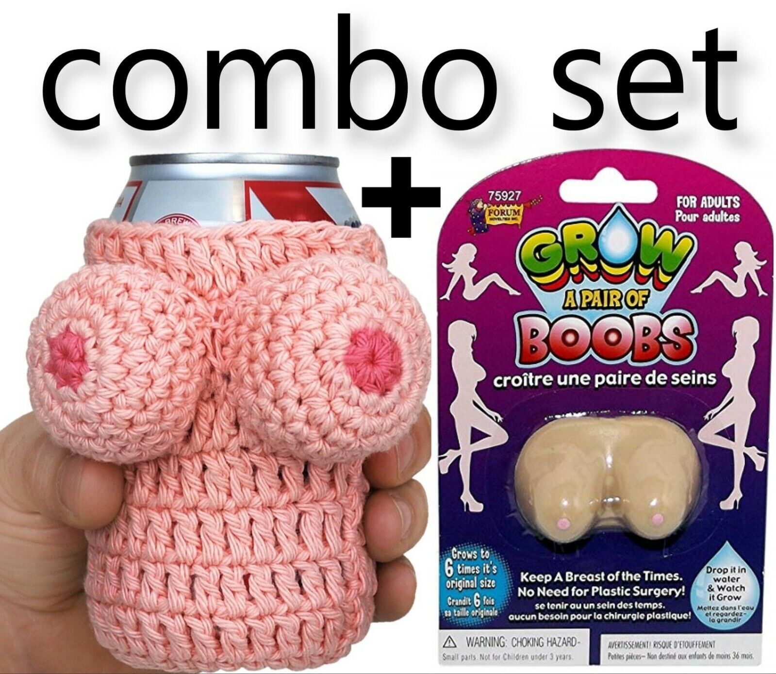 Nana’s Boobie Knitted Beer Can Bottle Cooler Holder + 1 Grow Boobs ~ COMBO SET