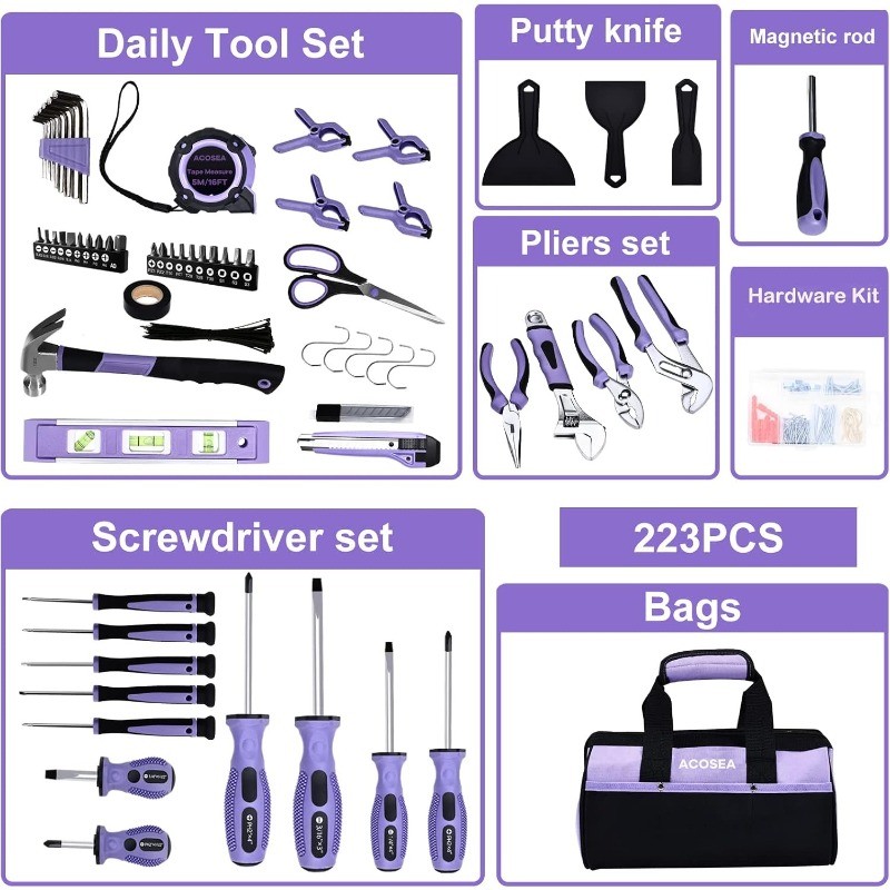 Purple Tool Set,223-Piece Tool Sets for Women,Tool Kit with 13-Inch Wide Mouth
