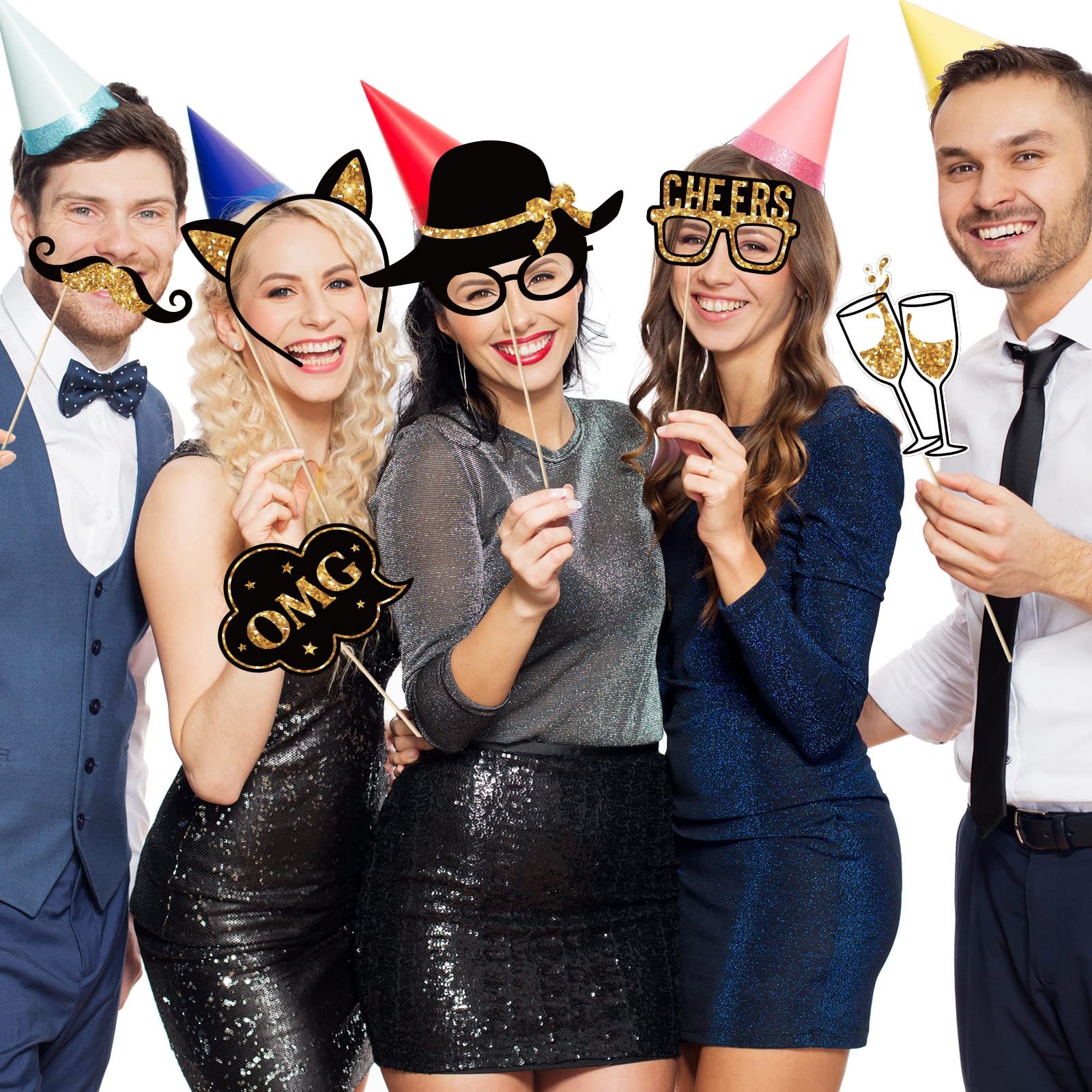Outus 36 Pcs Birthday Photo Booth Props Kit Happy Gold and Black
