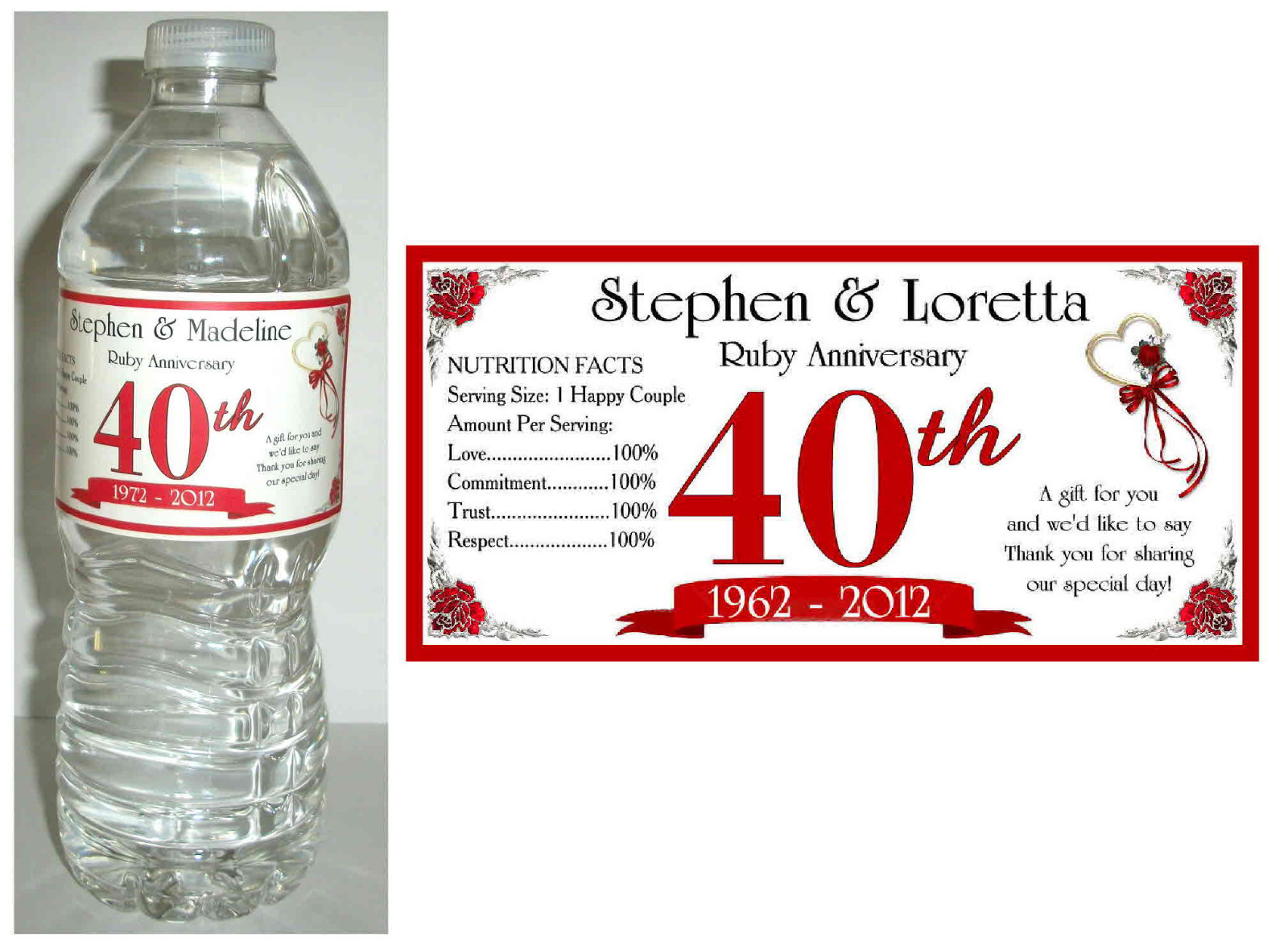 20 RUBY 40th ANNIVERSARY WATER BOTTLE LABELS ~ Glossy ~ Waterproof