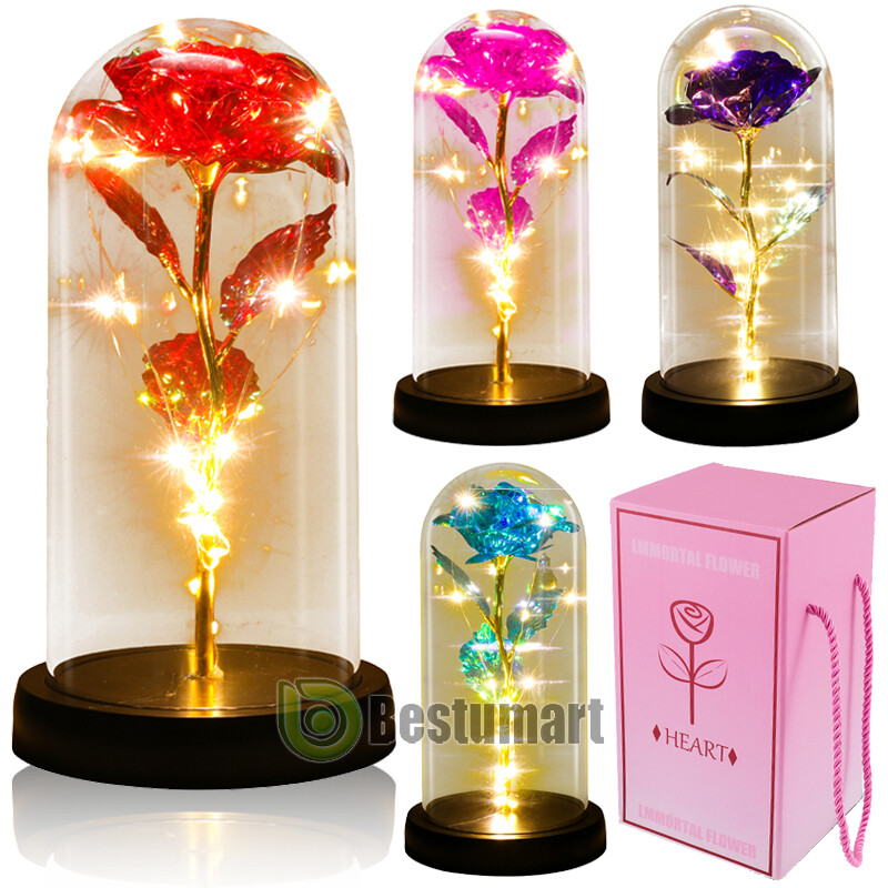 Crystal Eternal Galaxy Rose Flower LED Light Glass In Dome Gifts for Her Lovers