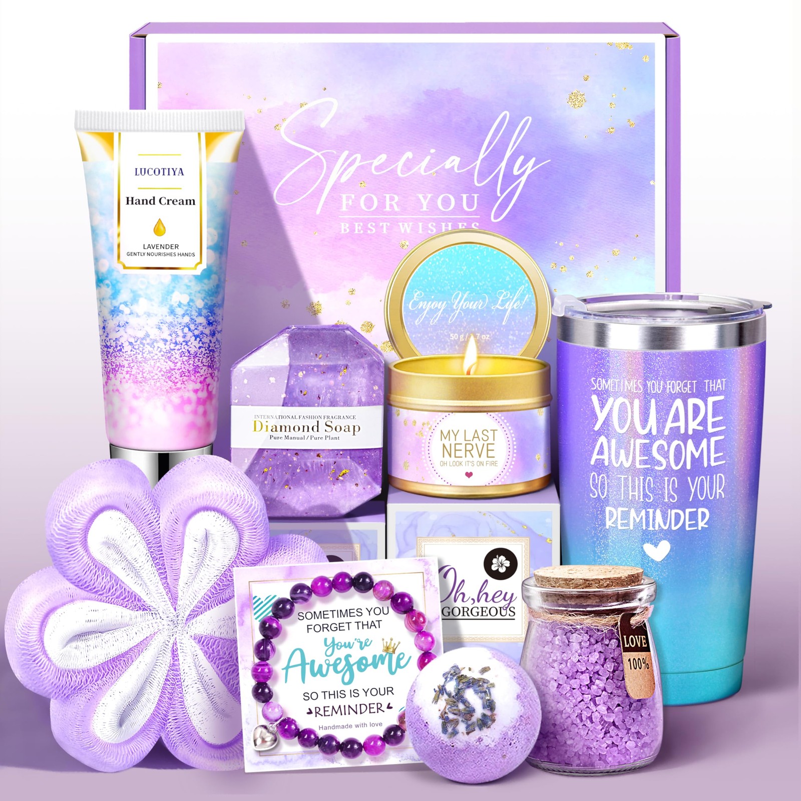 Gifts for Women, 9pcs Lavender Care Package Birthday Women Purple