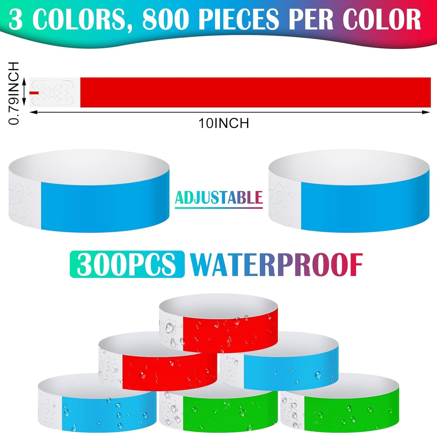 Tudomro 300 Pieces Paper Wristbands for 10 x 0.79 inch, Red, Blue, Green