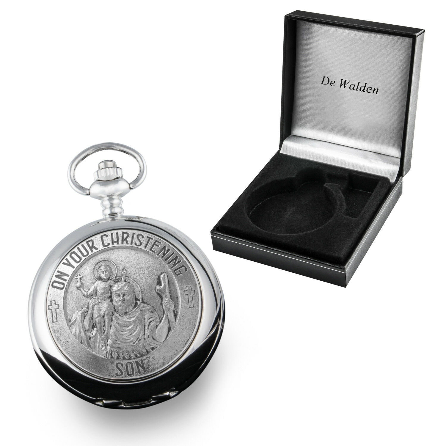 Son Christening Gift Engraved Boys St Christopher Pocket Watch in Silk Gift Box
