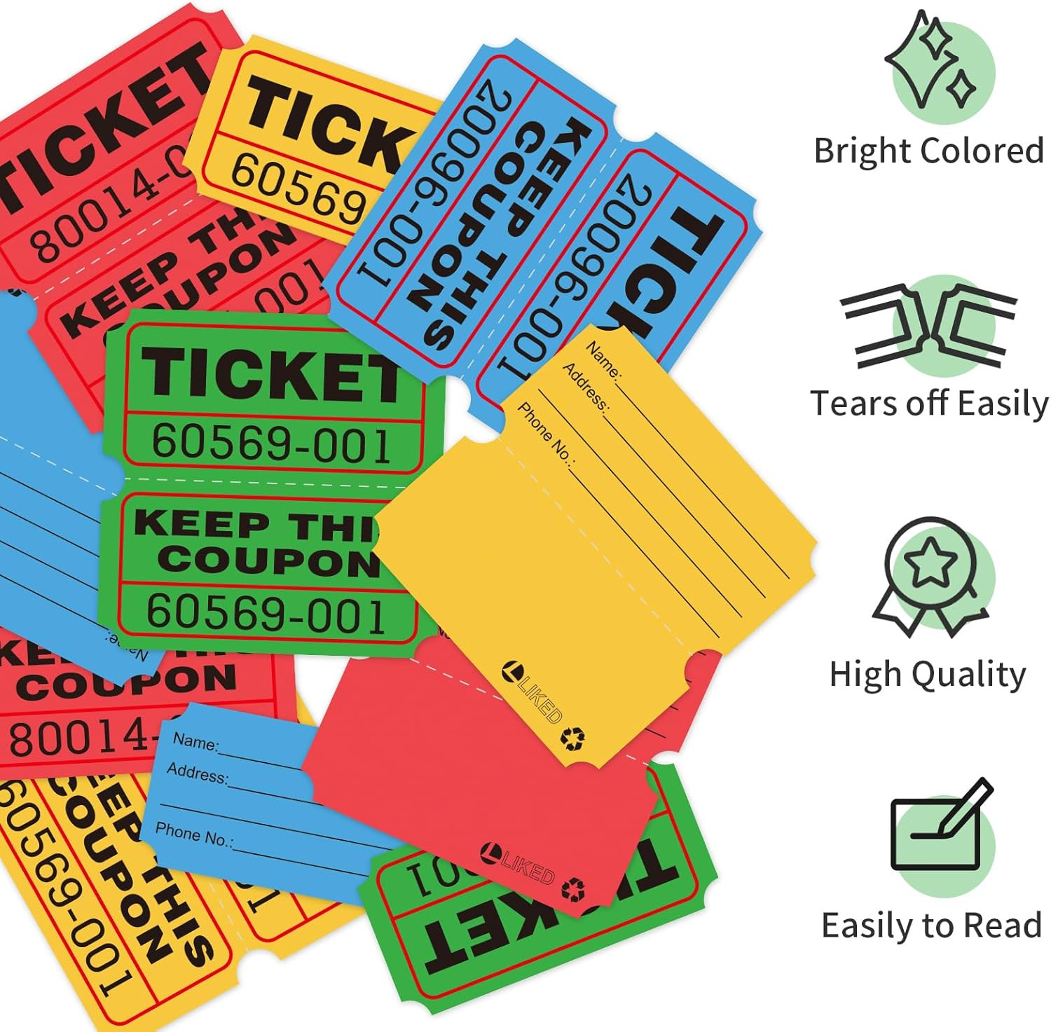 4000 Pairs Double Raffle Tickets – 4 Assorted Colors (Blue, Yellow, Red, Green),