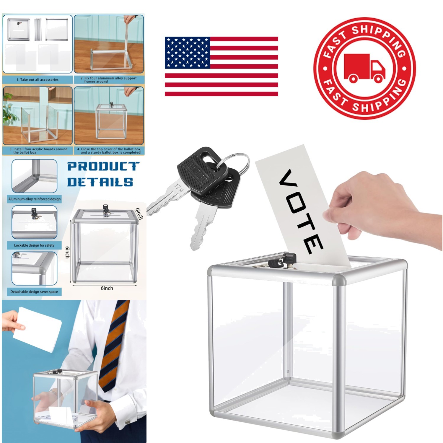 Durable Donation Box with Lock and Key 6 x 6 x 6 Inches High Visibility Design