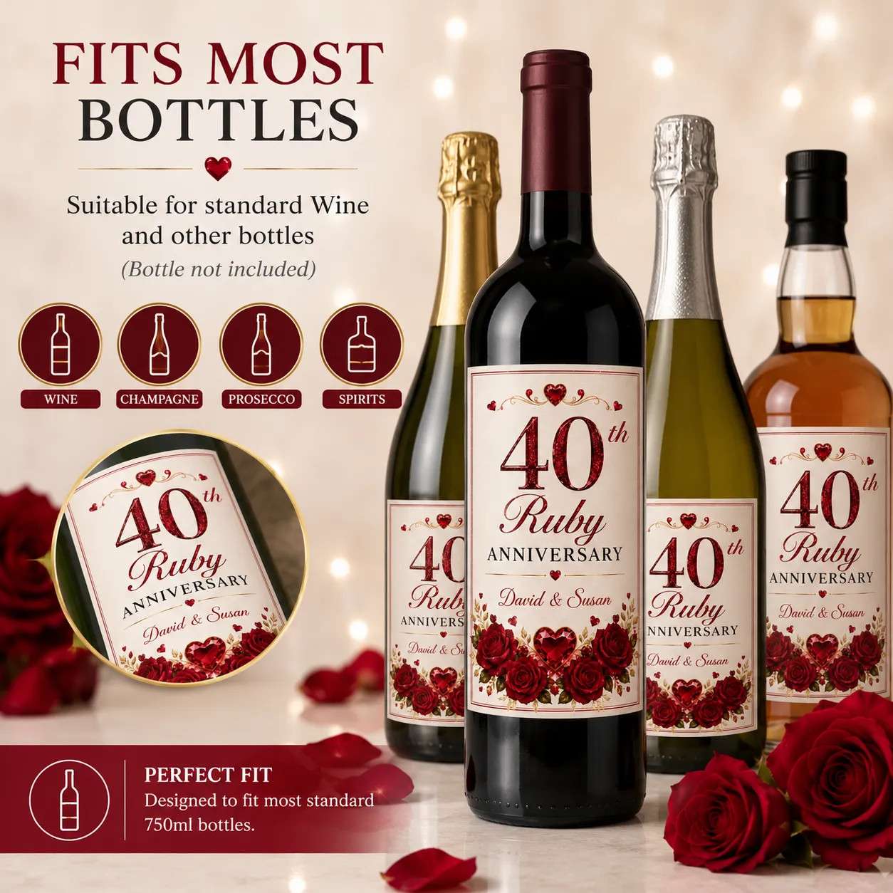 Personalised 40th Ruby Anniversary Bottle Label Sticker Custom Wine Gift