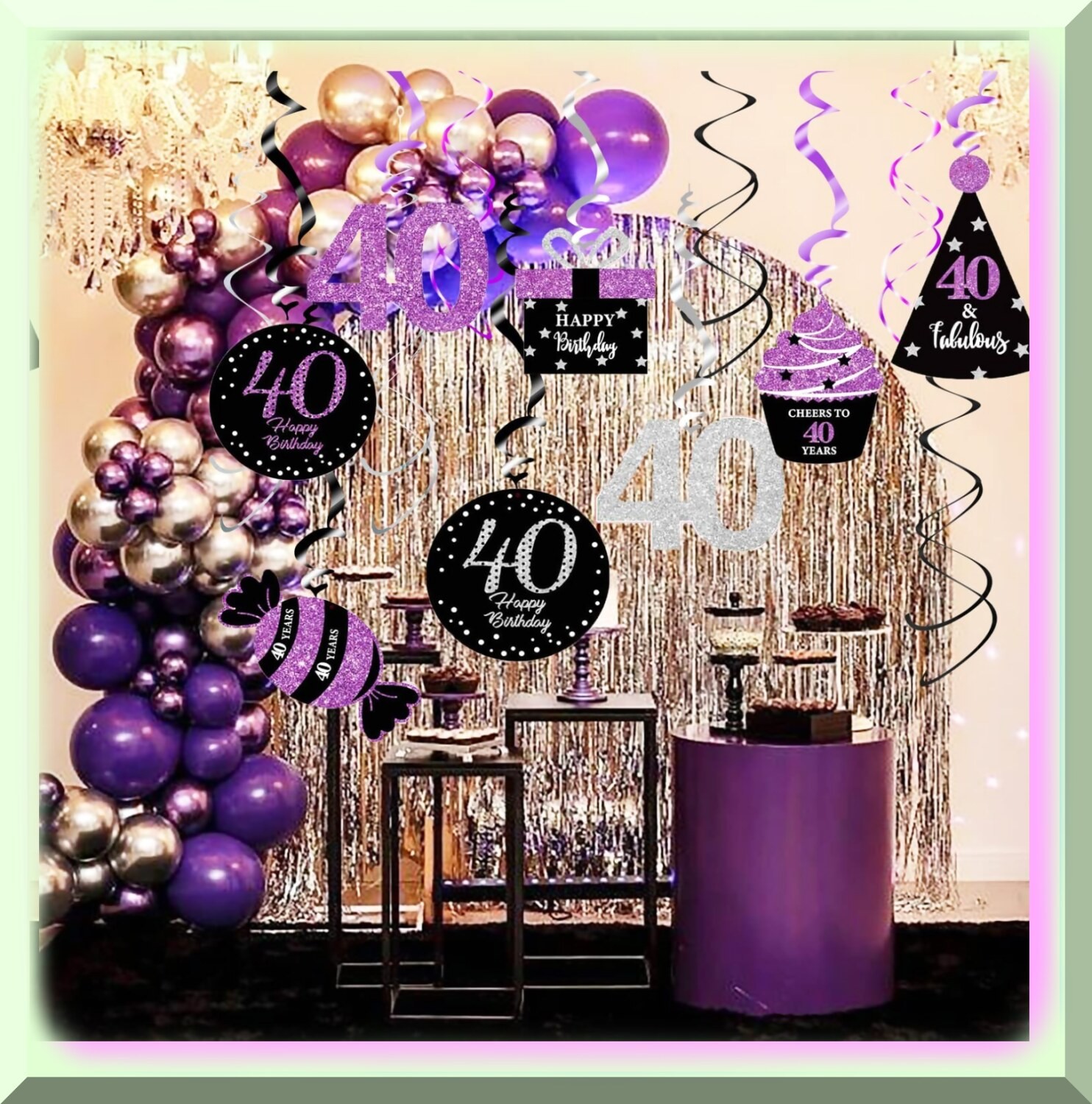 40th Birthday Swirl Decorations Purple Silver Black 15 Pieces