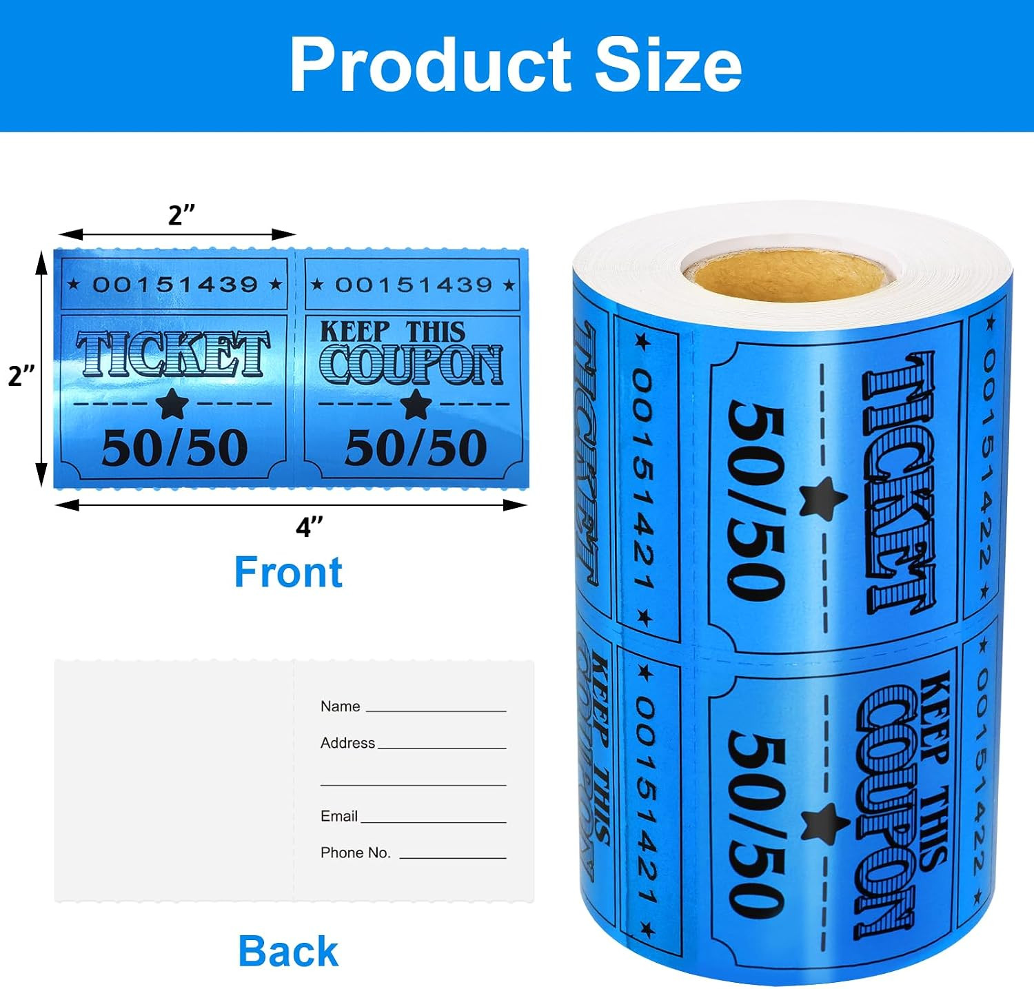 50/50 Raffle Tickets Double Roll Golden Tickets Large Blue Glitter Cards for …