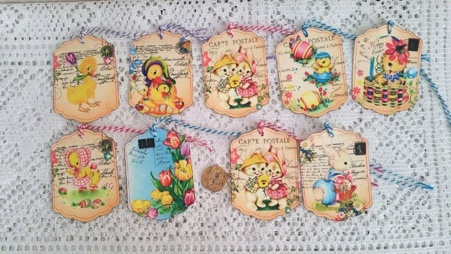 9~Easter~Vintage~Retro~Chicks~Fussy Cut~Linen Cardstock~Gift~Hang~Tags~Ornies
