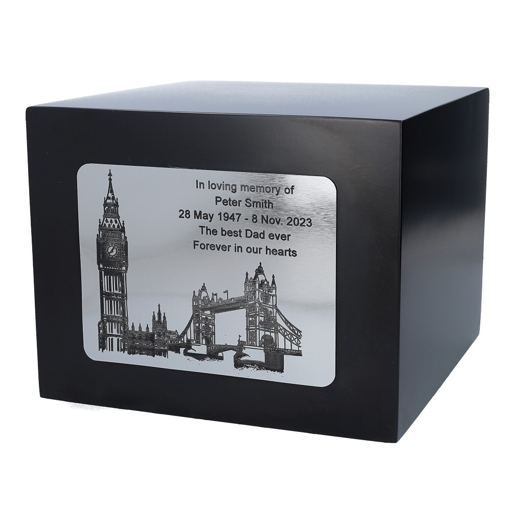 London theme cremation urn for human ashes box Engraved wooden urn prsonalise UK