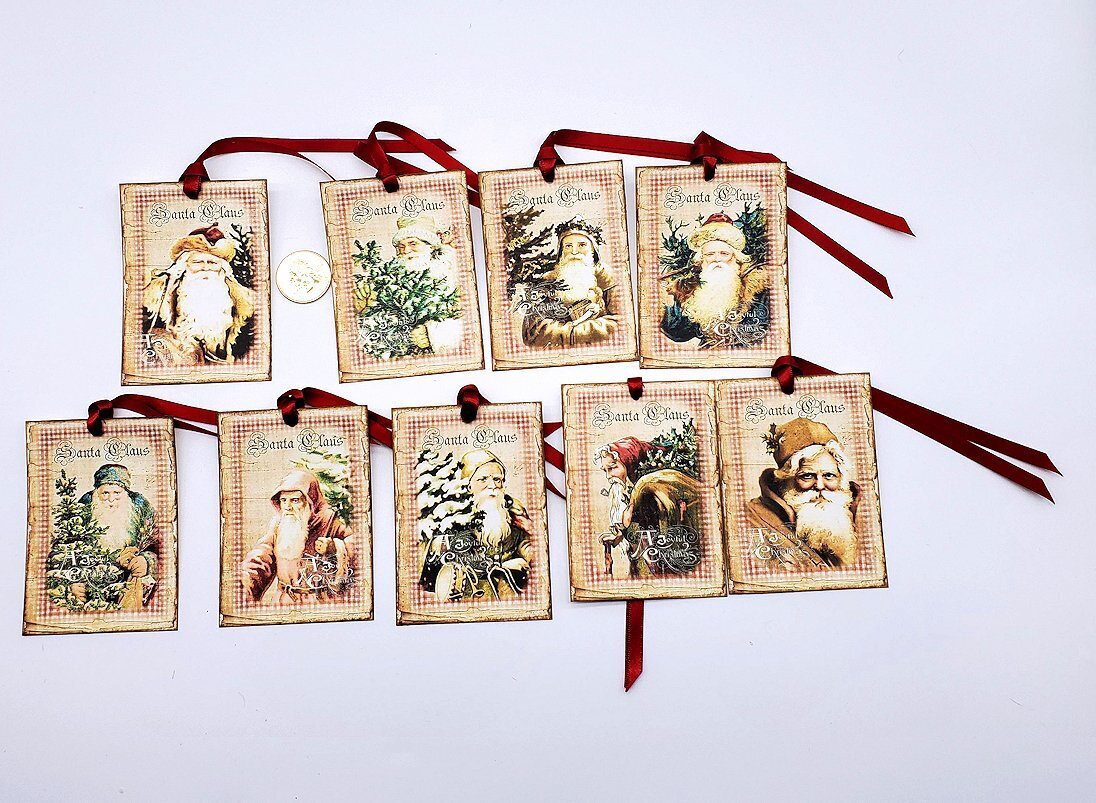 9-Christmas-Vintage-Farmhouse-Santa-Linen Cardstock-Gift-Hang-Tags