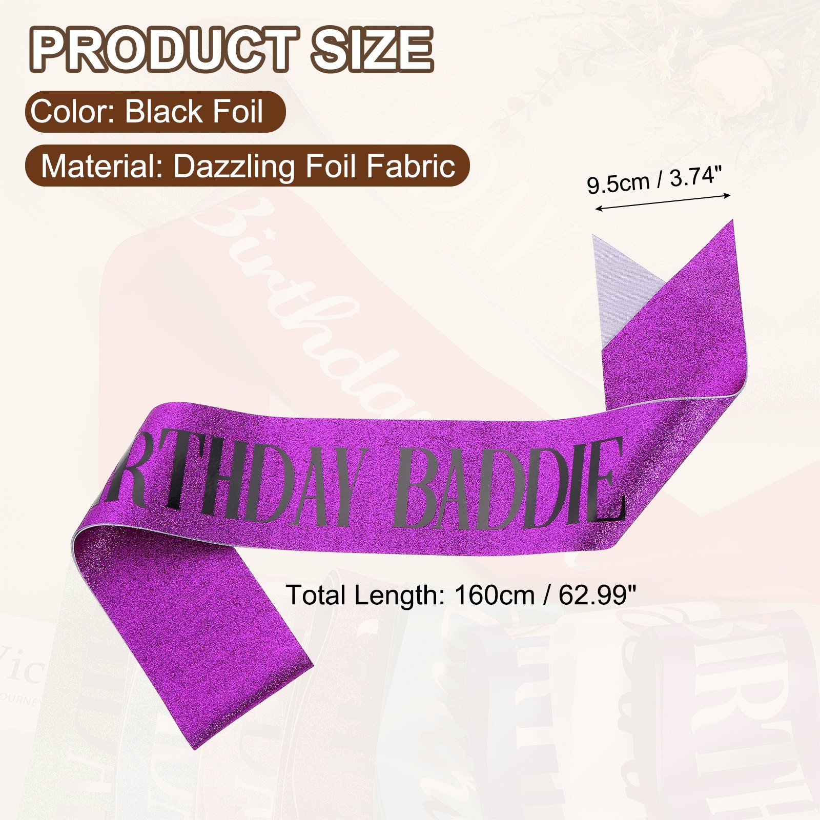Birthday Baddie Sash with Pin Black Foil Lettering for Party, Purple