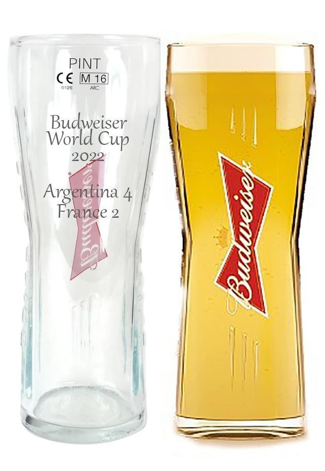 World Cup 2022 Final Score Budweiser Pint Slim Glass with Engraved Message Draft