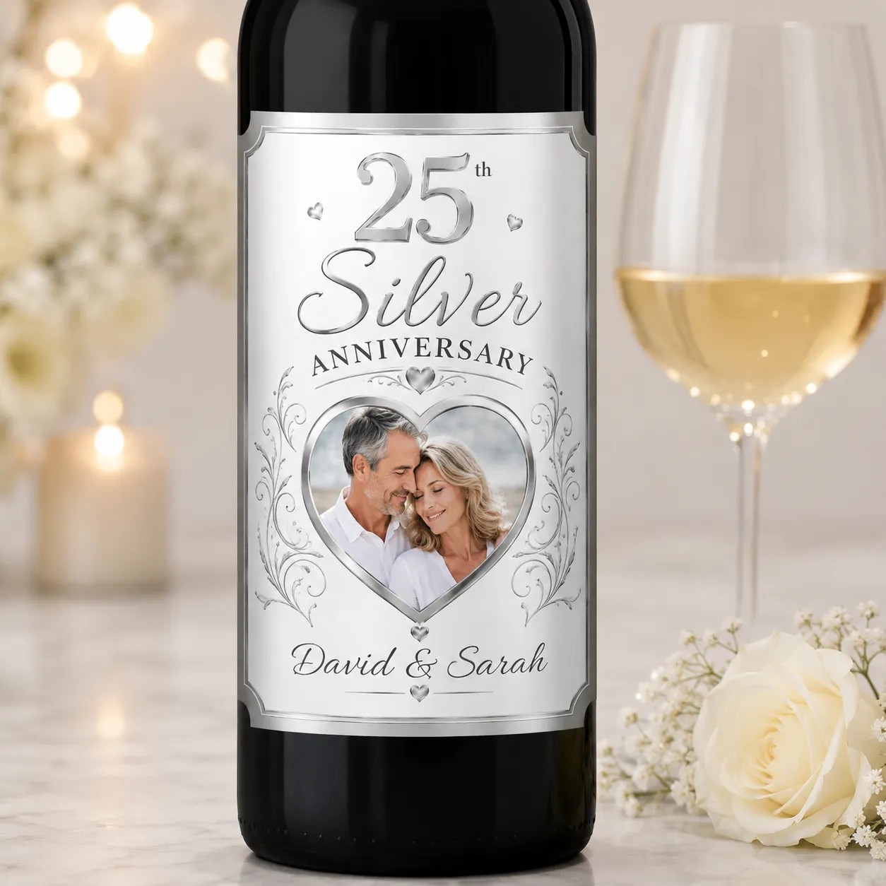 Personalised 25th Silver Anniversary Bottle Label Sticker Custom Photo Gift