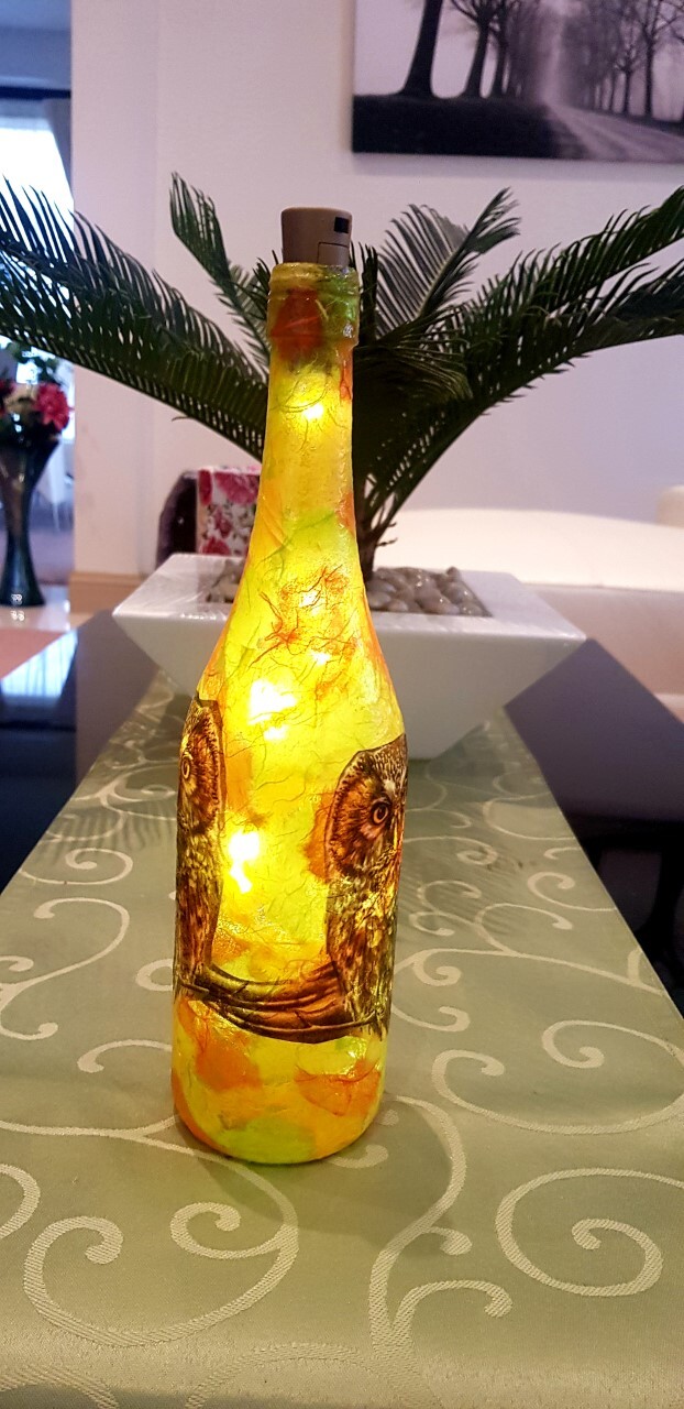 Hand Decorated Light Up Bottle Lamp with Owl Design One of a Kind Unique Gift