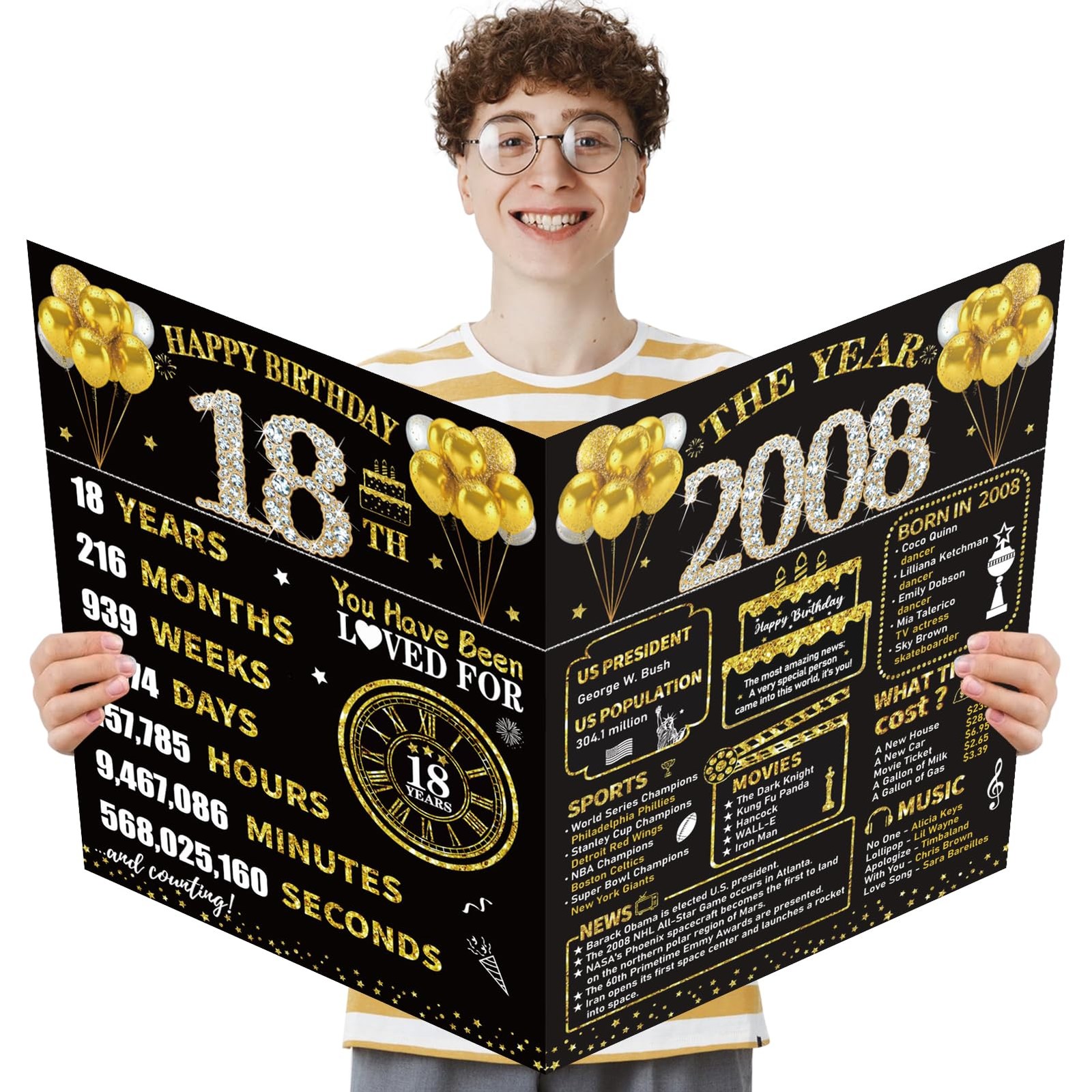 Kuxriox Large 18th Birthday Card With Envelope, Extra large, Black gold
