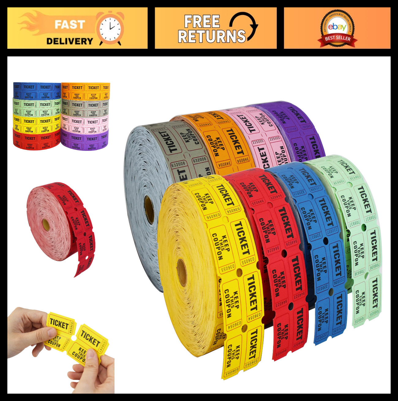 2000 Double Roll Raffle Tickets – 8 Color Set, 50/50 Event Fundraising Supplies