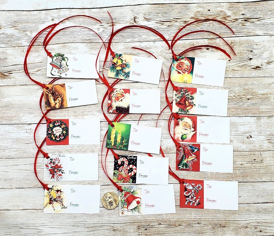 15-Christmas-Retro-Deer-Santa-To/From-Holiday-Linen Cardstock-Gift-Hang-Tags