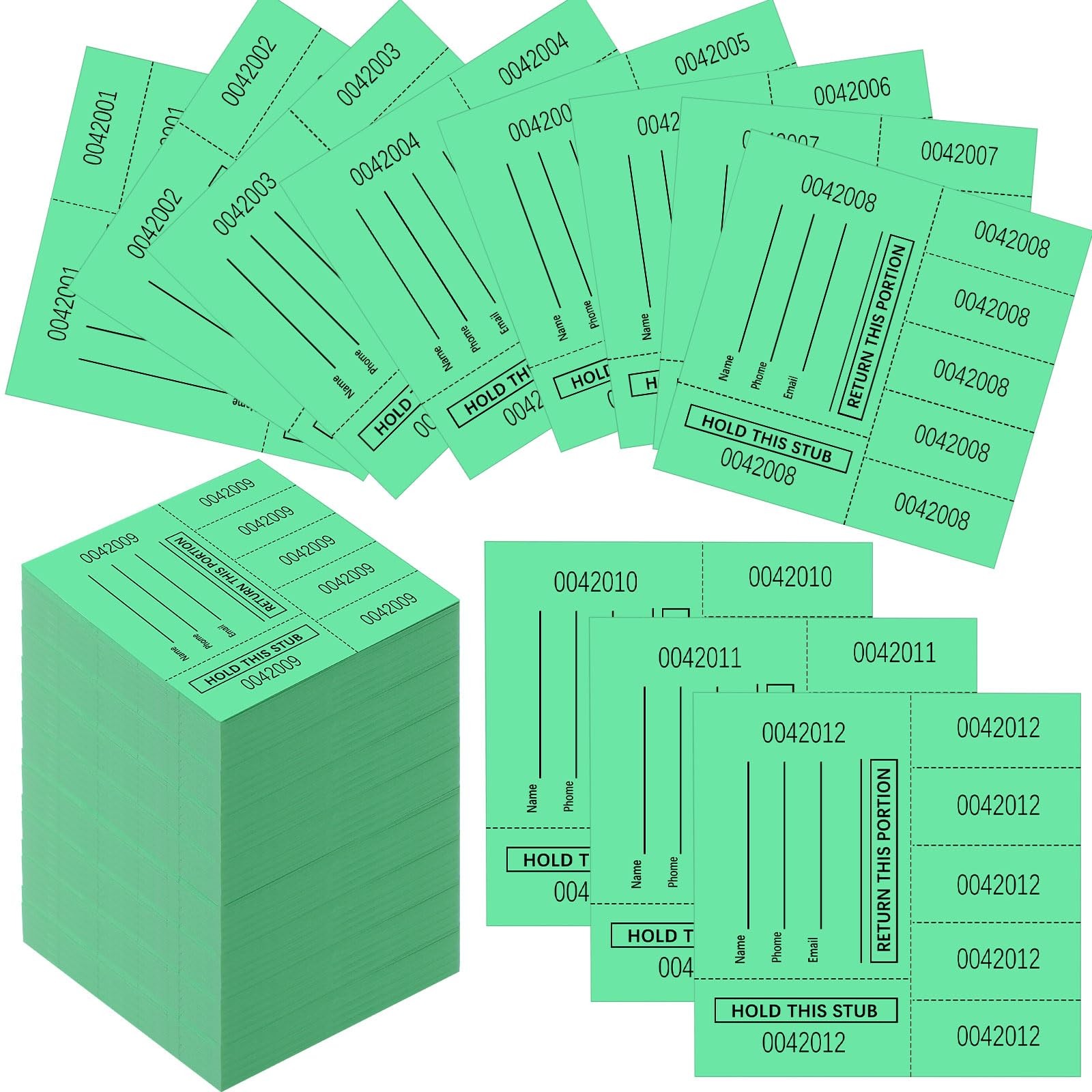 1000 Sheets 5 Bid Raffle Tickets Chinese Auction Numbered Green Silent