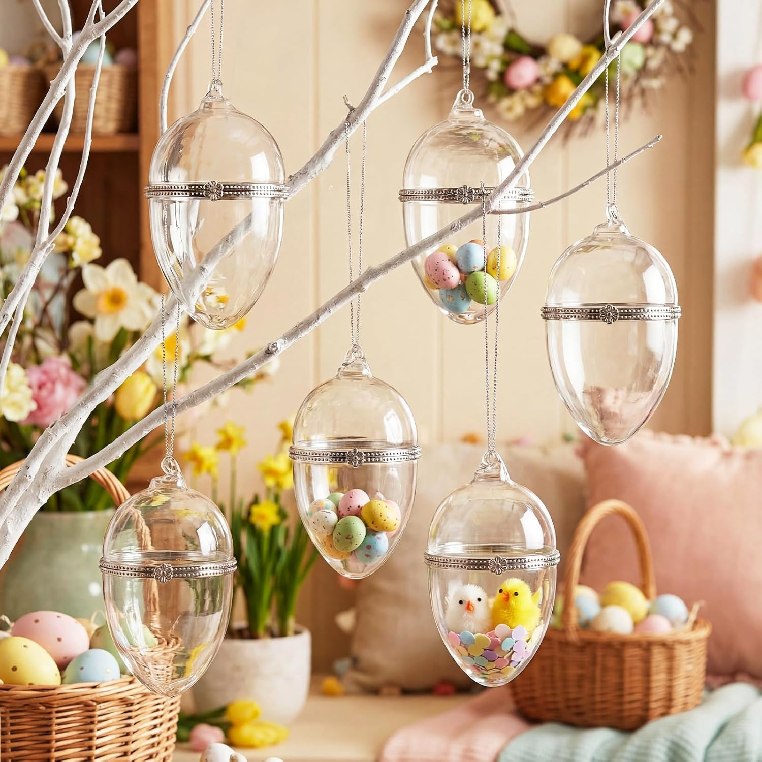 6 Pcs Hinged Glass Clear Easter Box Ornament Egg Fillable Ornament that Open Orb
