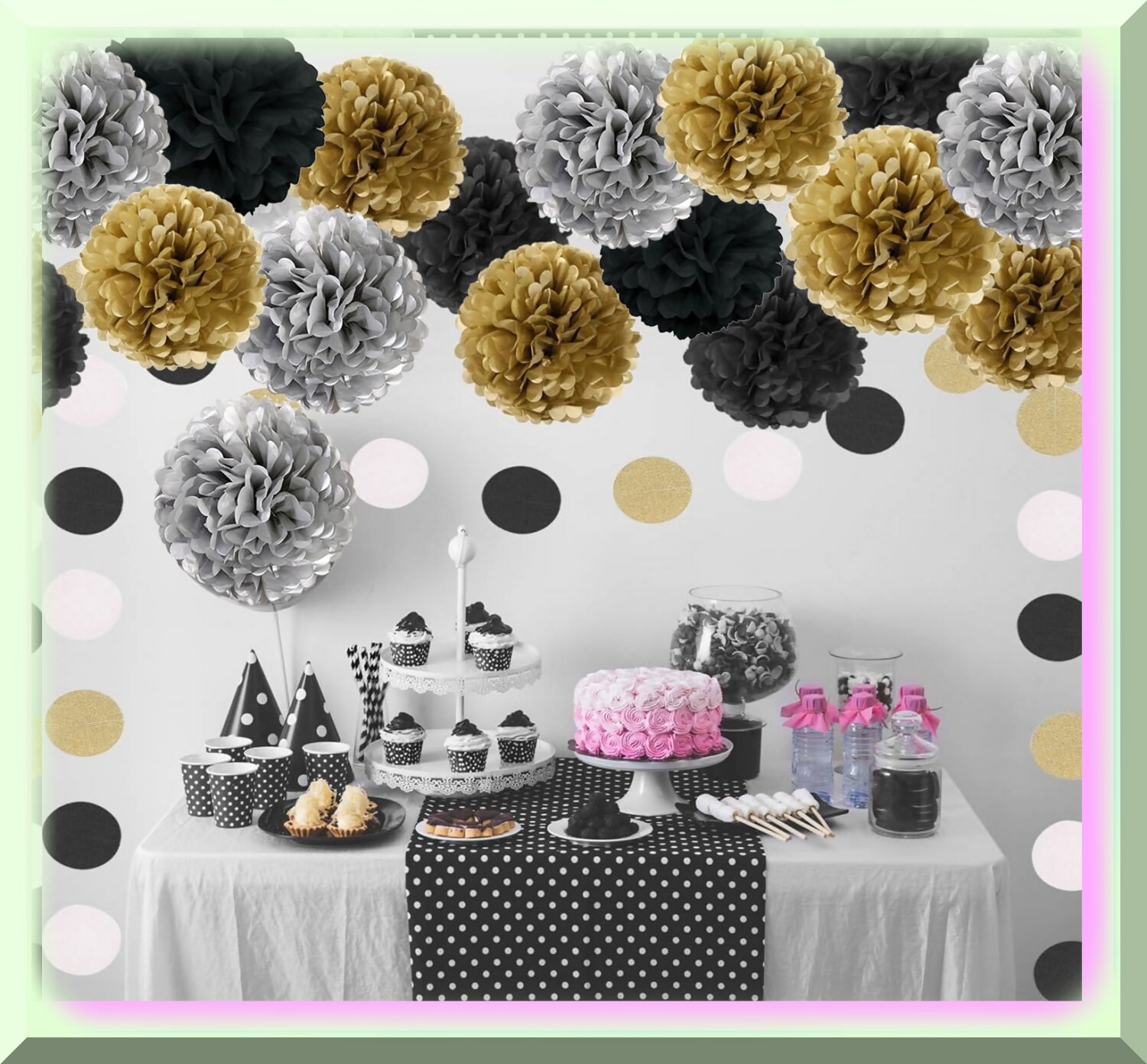 Party Tissue Paper Pom Poms 18 Pieces Black Gold Silver