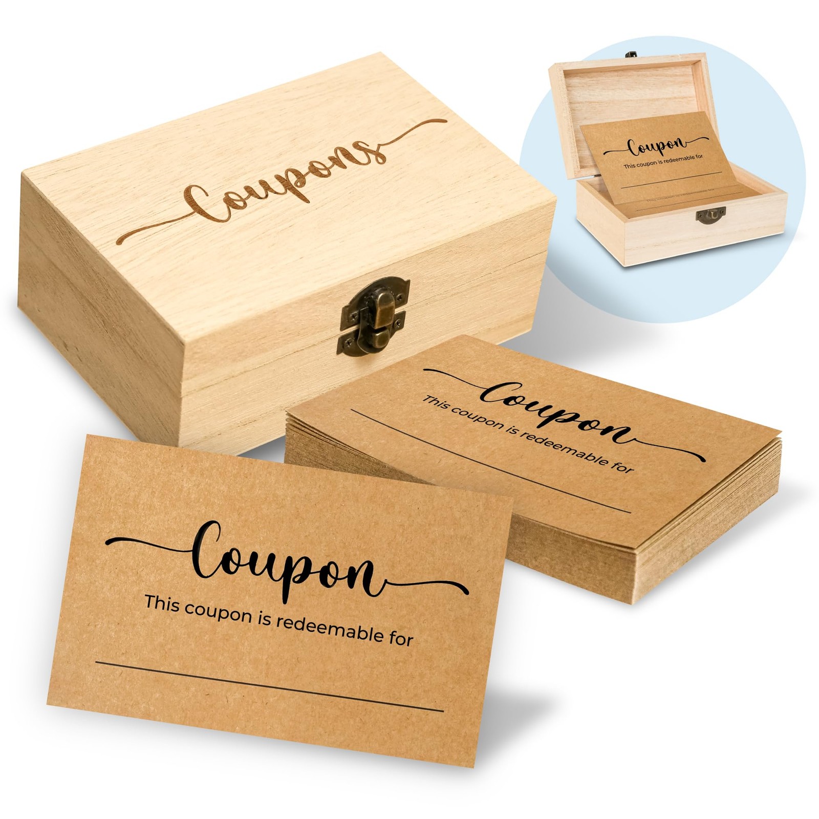 WOODAMORE 50 Blank Coupon Cards with Wood 4 x 6 inches, coupon card box