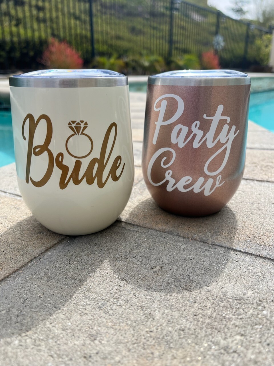 5 Stemless Wine Tumbler Cups 1 Bride White + 4 Party Crew Rose Gold