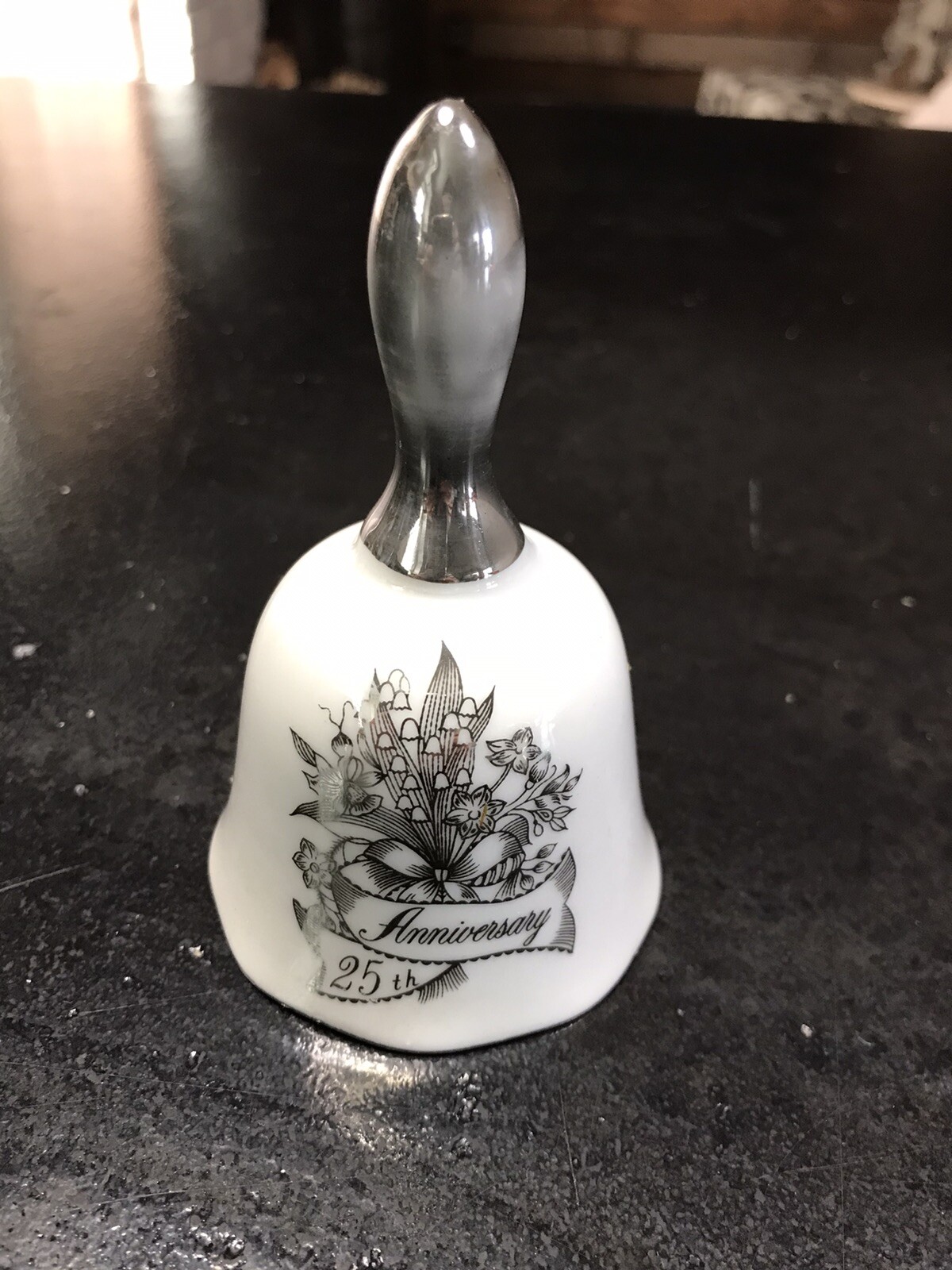 Vintage 25th Wedding Anniversary white Porcelain Bell Silver Handle 4″ H