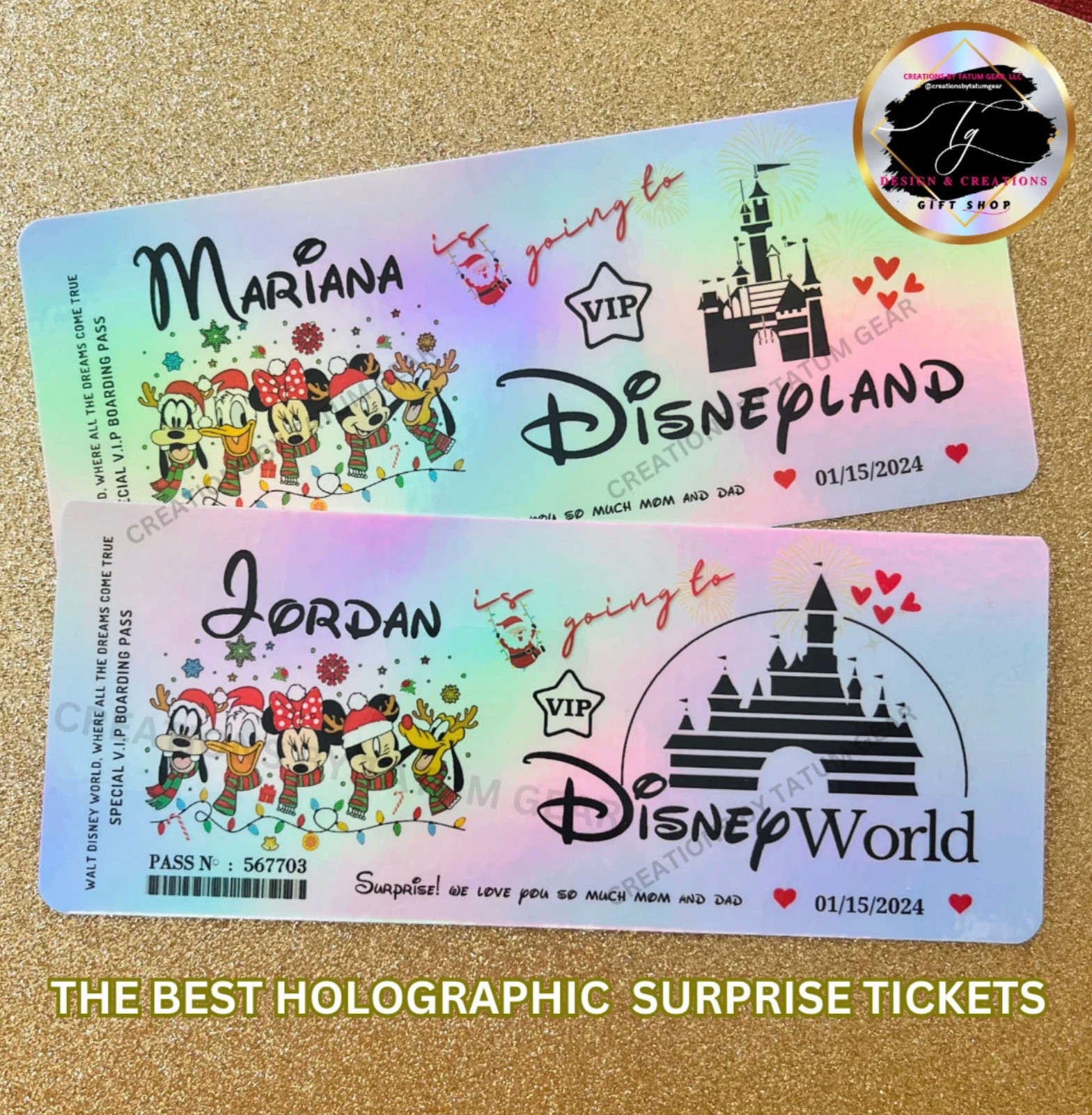 Physical Holographic Unique Personalized Surprise Reveal Ticket Disney Christmas
