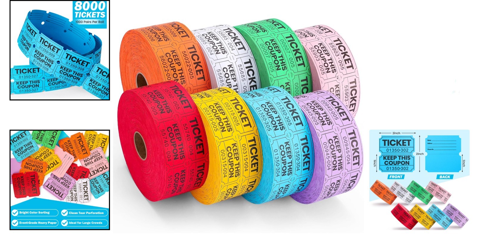 8000 Pairs Raffle Tickets, 50/50 Double Raffle Tickets Rolls, 8 Colors 1000 T…