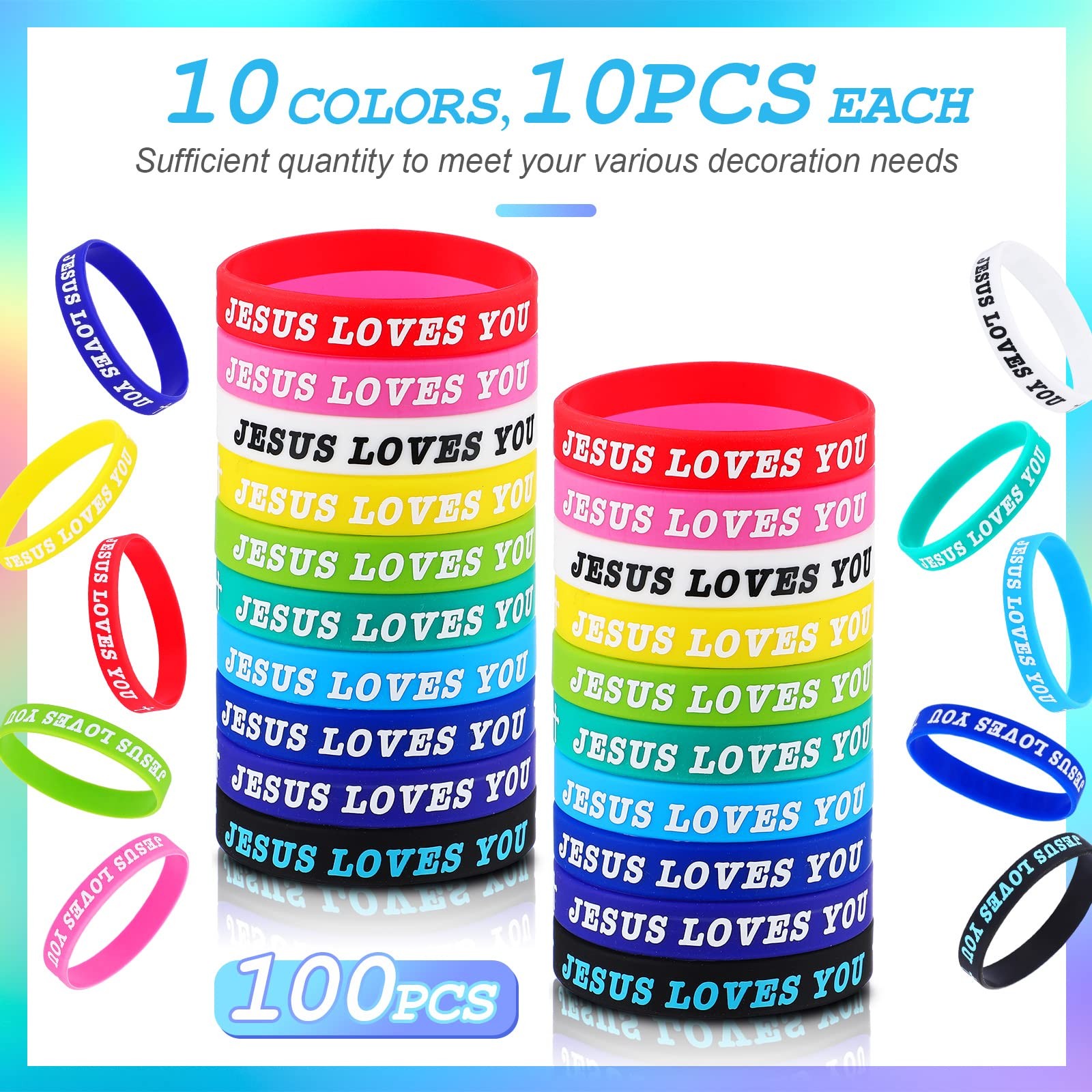 100 Pcs Jesus Loves You Silicone Wristbands Rubber Bracelets Colorful Jesus Love