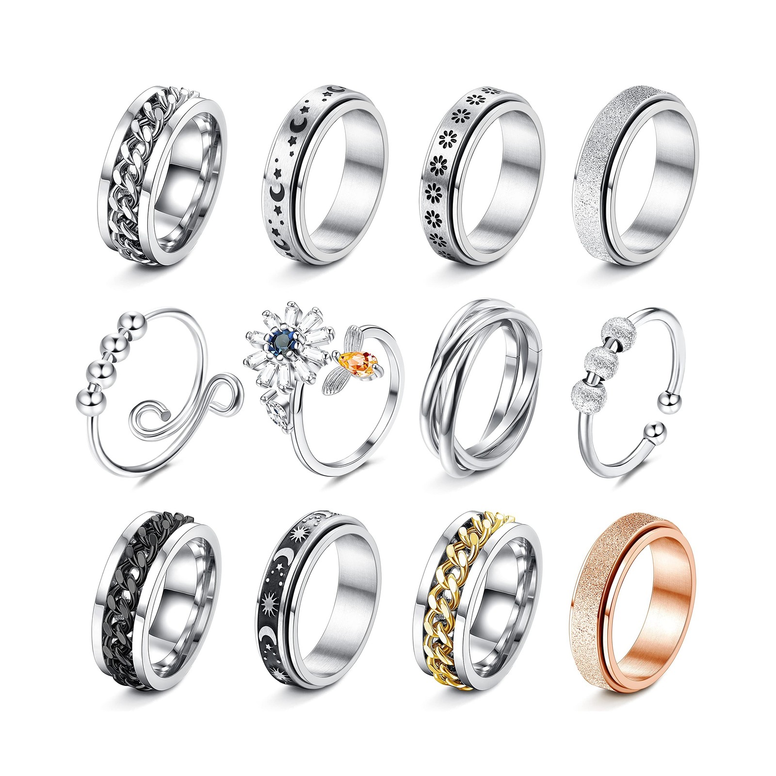FASACCO 12Pcs Fidget Anxiety Rings for Women Men – Spinner Fidg… Fast USA SHIP