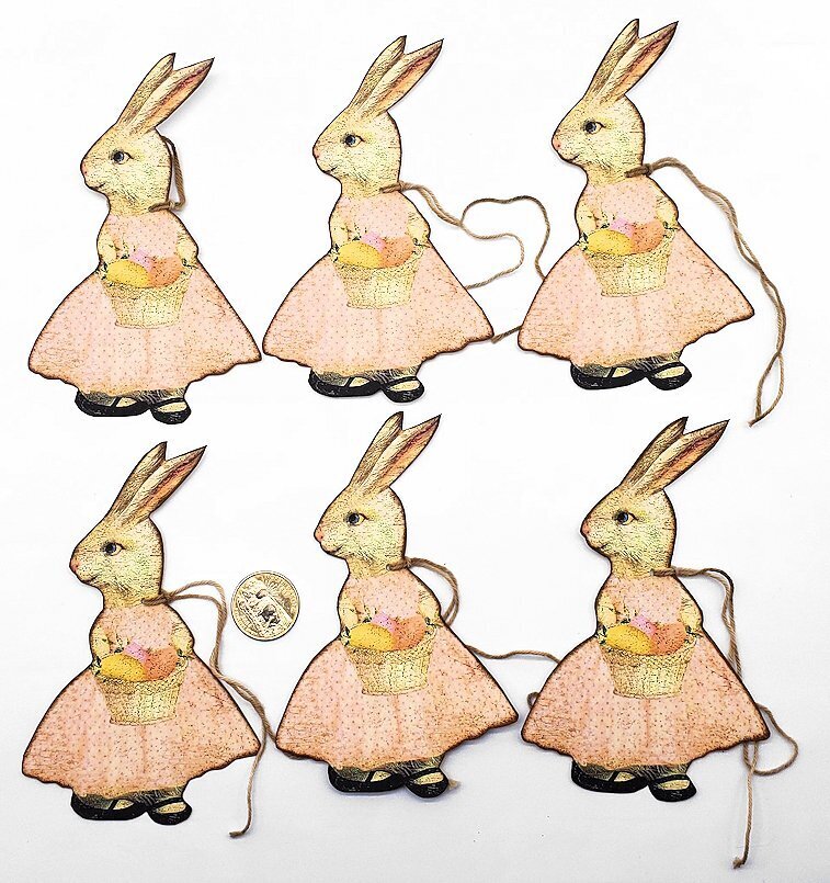6-Easter-Primitive-Fussy Cut-Bunny-Farmhouse-Heavy Cardstock-Ornaments