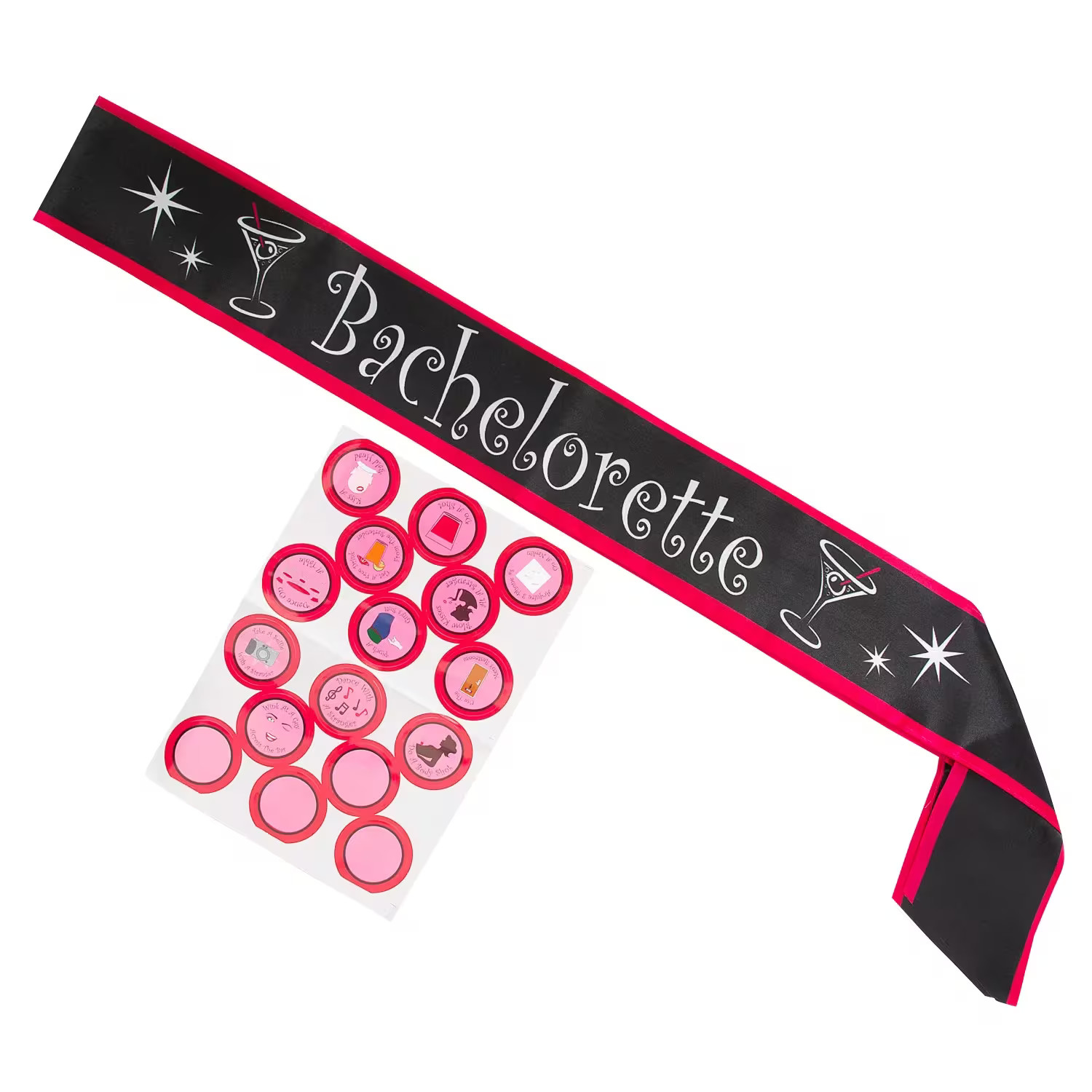 Fun Express Bachelorette Party Satin Sash with Sticker Badges, 3 Ft. x 3″